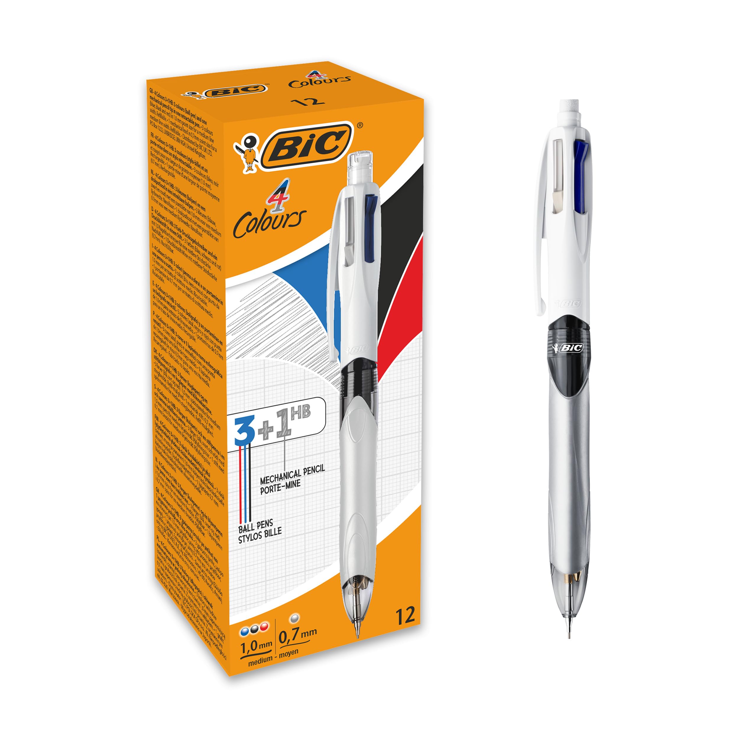 BIC 4 Couleurs 3+1HB Stylos-Bille Rétractables Pointes Moyennes (1,0 mm) et Porte-Mines - Boîte de 12