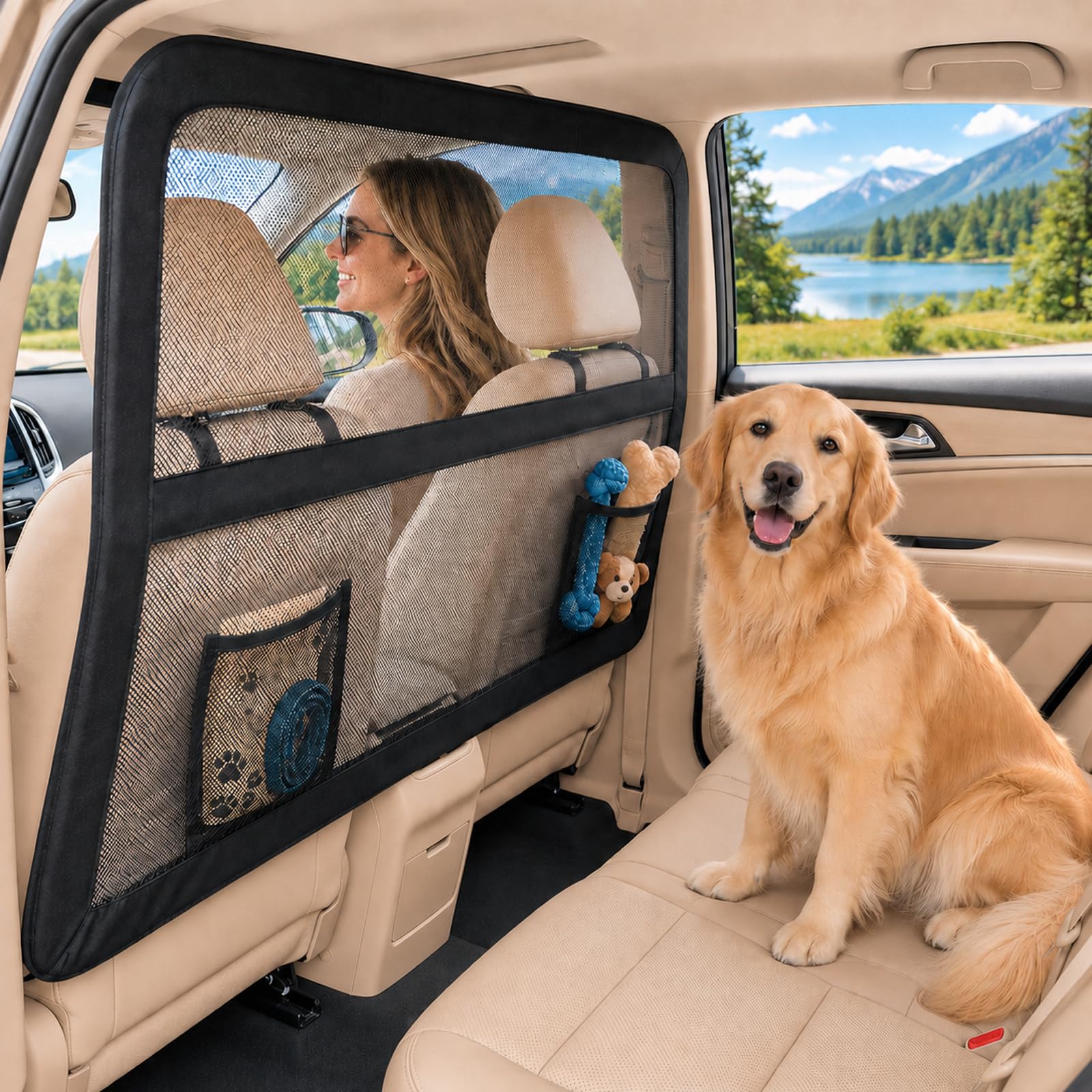 Grille de protection pour chien - Siège arrière et coffre - 127 x 142 x 81 cm - Filet de protection pour chien - Filet de protection renforcé et cadre en métal - Barrière universelle pour