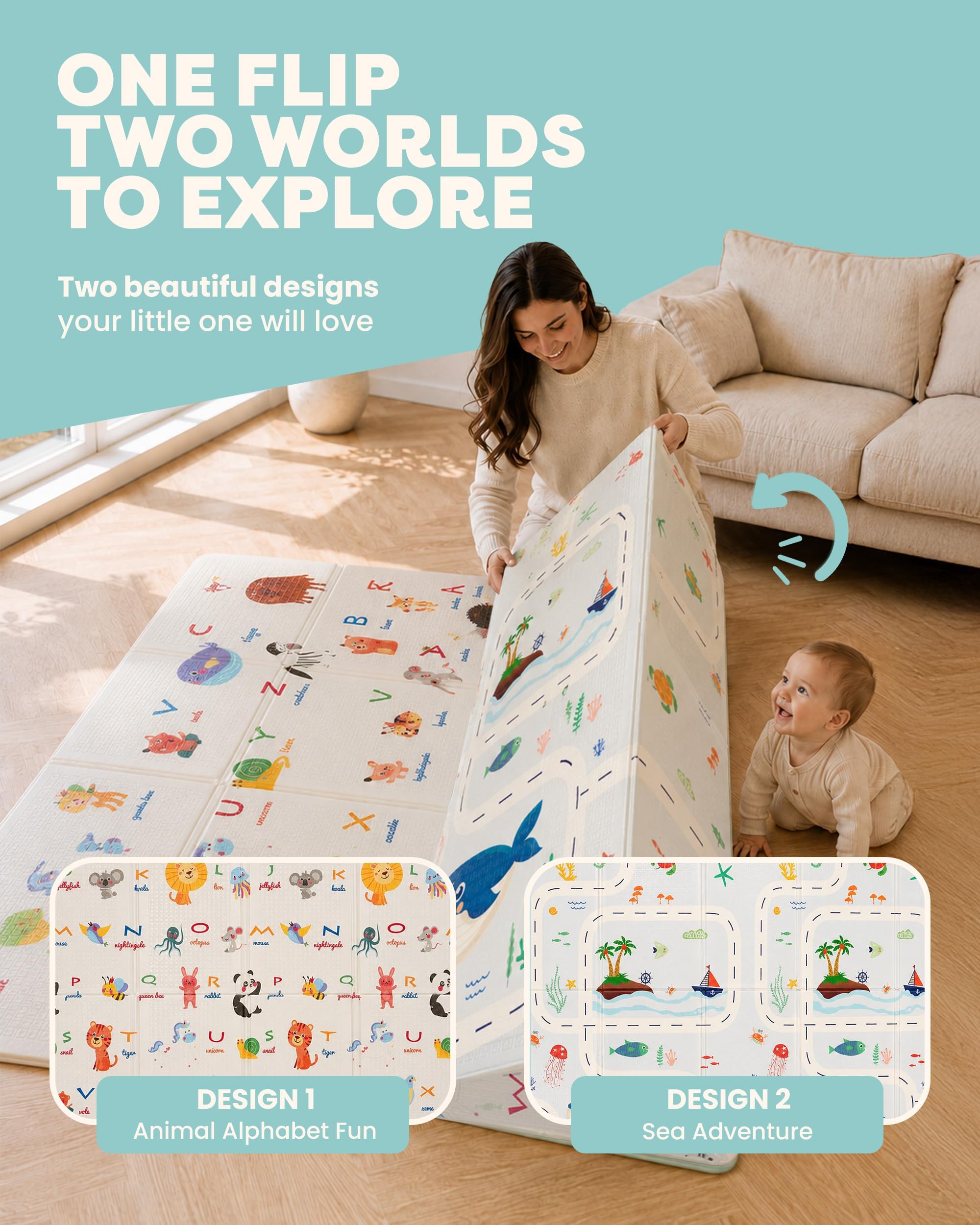 KIDOOLA Grand Tapis de Jeu réversible pour bébé | Doux pour bébé Rampant et Ventre | Tapis de Sol épais pour Enfants, Tout-Petits et bébés | Tapis de Jeu pour Sol dans crèche (Style 2)