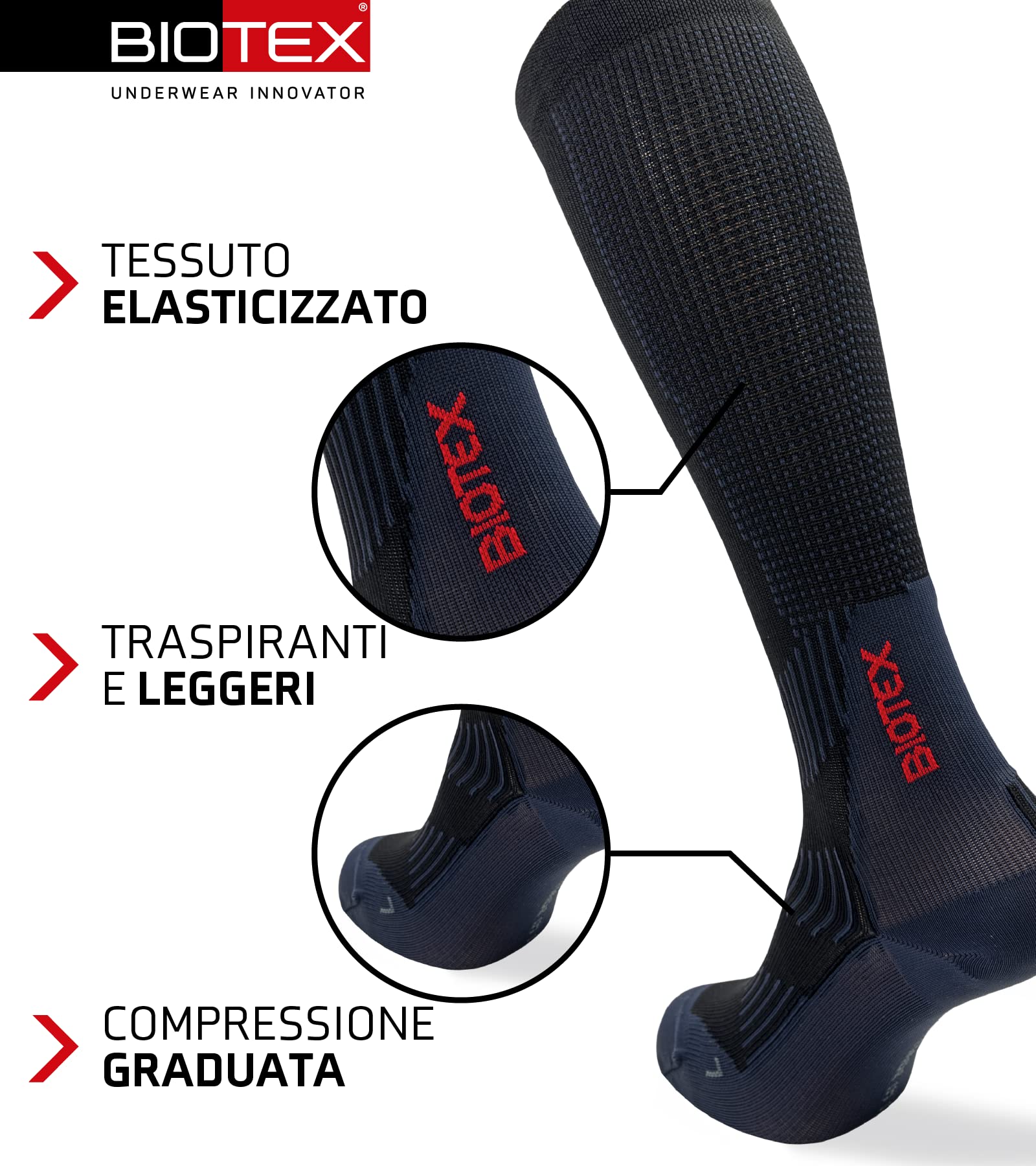 BIOTEX Calza a Compressione 3D Unisex per Ciclismo e Running, Calza Lunga Traspirante, Intimo Tecnico Sportivo