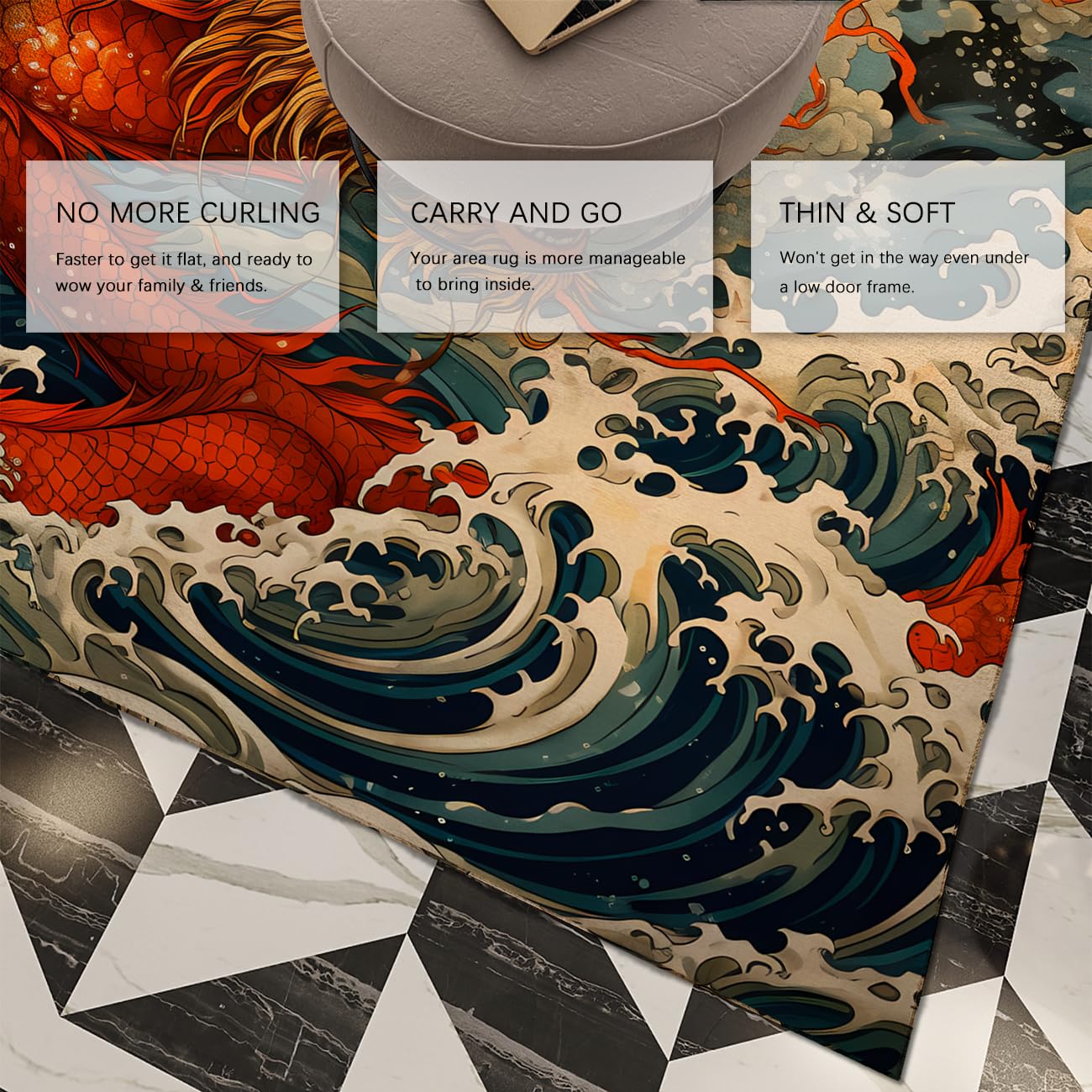 Tapis Zone Dragon Fantasy Tapis œuvres Vagues océan antidérapant Lavable Salon Chambre Salle Manger Cuisine Couloir Bureau Style Japonais Moderne Animaux Magiques 120x150cm