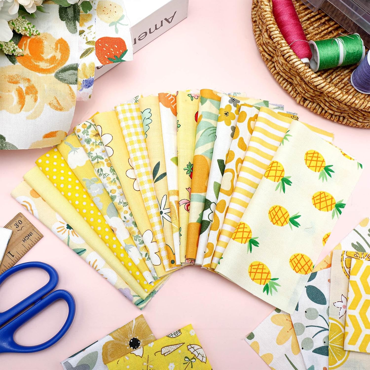 Ganeen 500 Pcs 5 x 5 Inches Cotton Fabric Squares Precut Quilting Fabric Bundles Solid Colors Quilt Material for DIY Craft Sewing Embroidery(Yellow Floral)