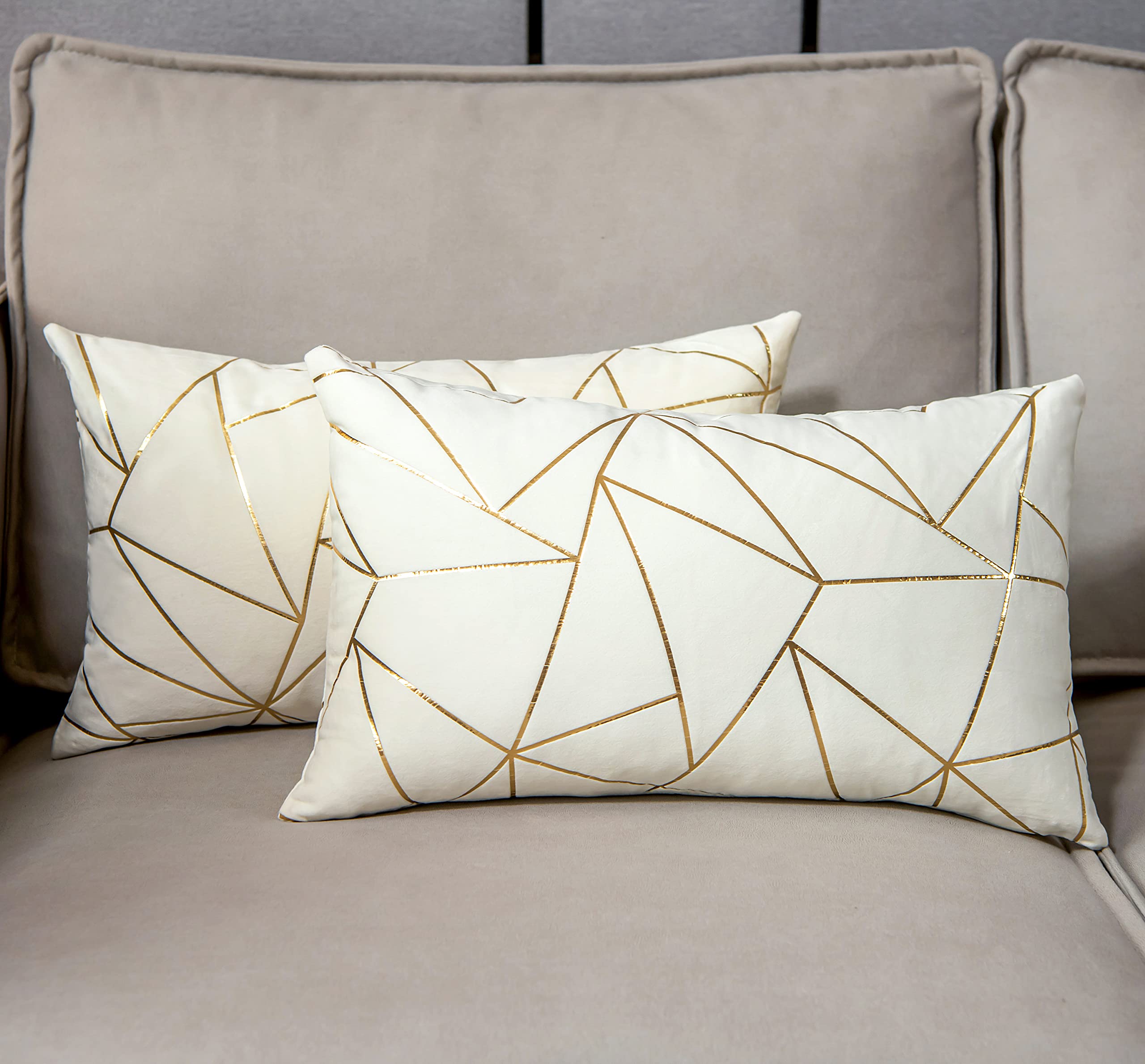 YONGLIU Pack of 2 Velvet Lumbar Throw Pillow Covers Velvet Decorative Soft Gold Foil Geometric Pattern Cute Cushion Case for Modern Homes Sofa Couch Bedroom Living Room Car (White and Gold, 12“X20”)