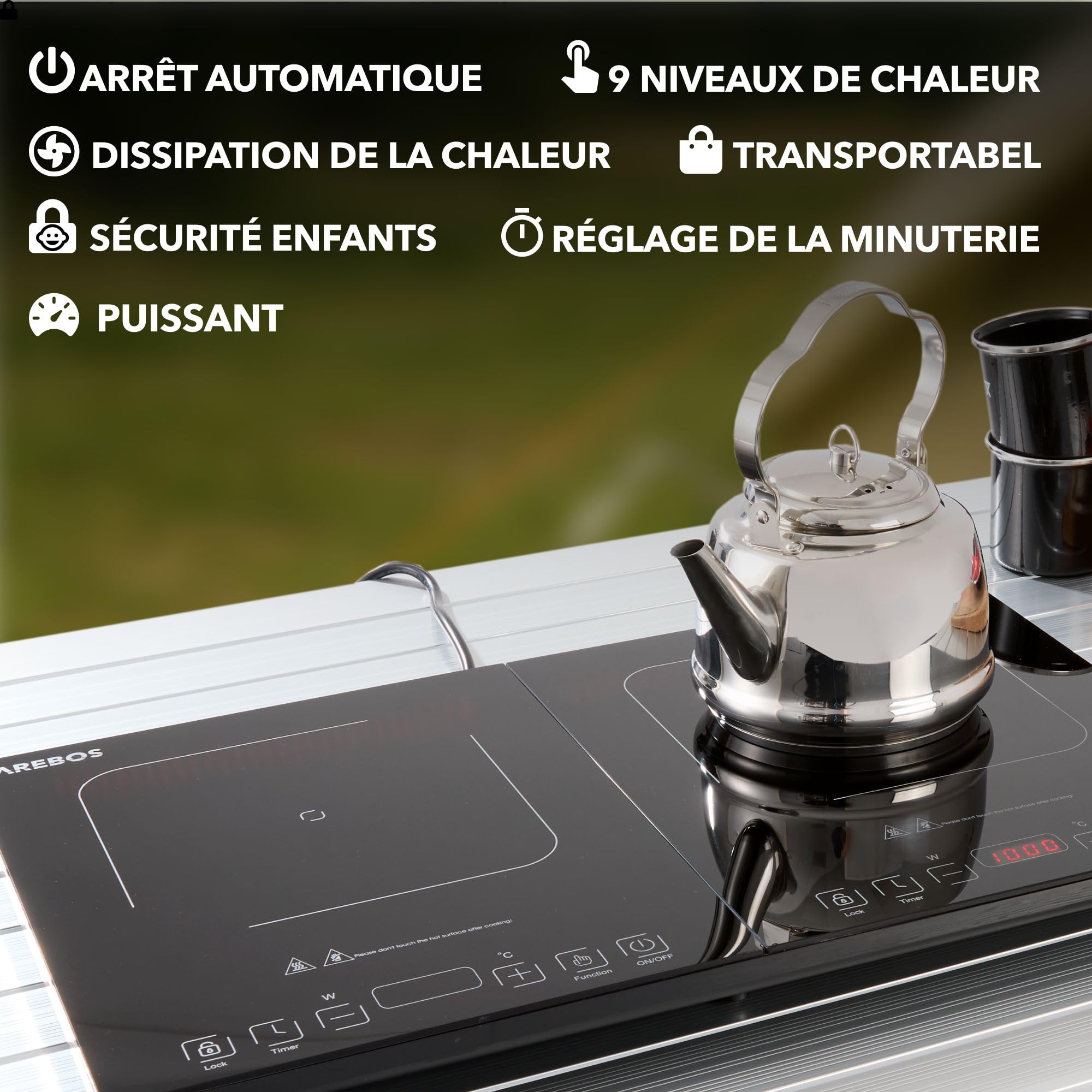 Arebos Double plaque à induction 3500W | 2 zones de cuisson avec écran tactile & minuterie | Plaque à induction portable pour le camping, le plein air & la cuisine | Protection contre la surchauffe