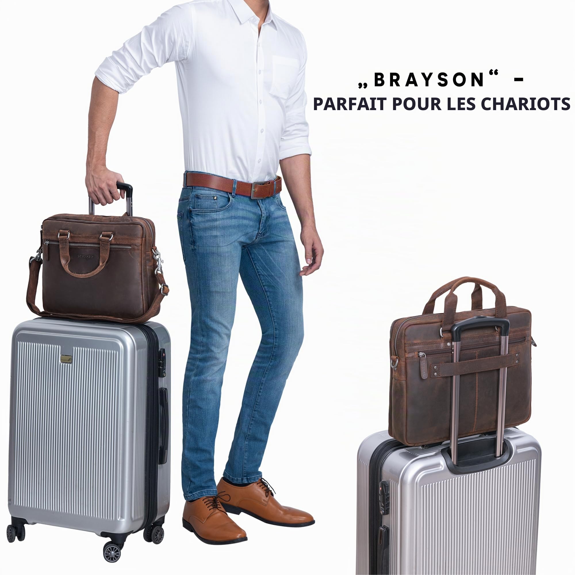 STILORD Brayson Serviette Porte Documents Cuir Sac Business Ordinateur pour MacBooks de 16 Pouces Sac de Travail Sac à Bandoulière Mallette Cuir Véritable Couleur:Noir