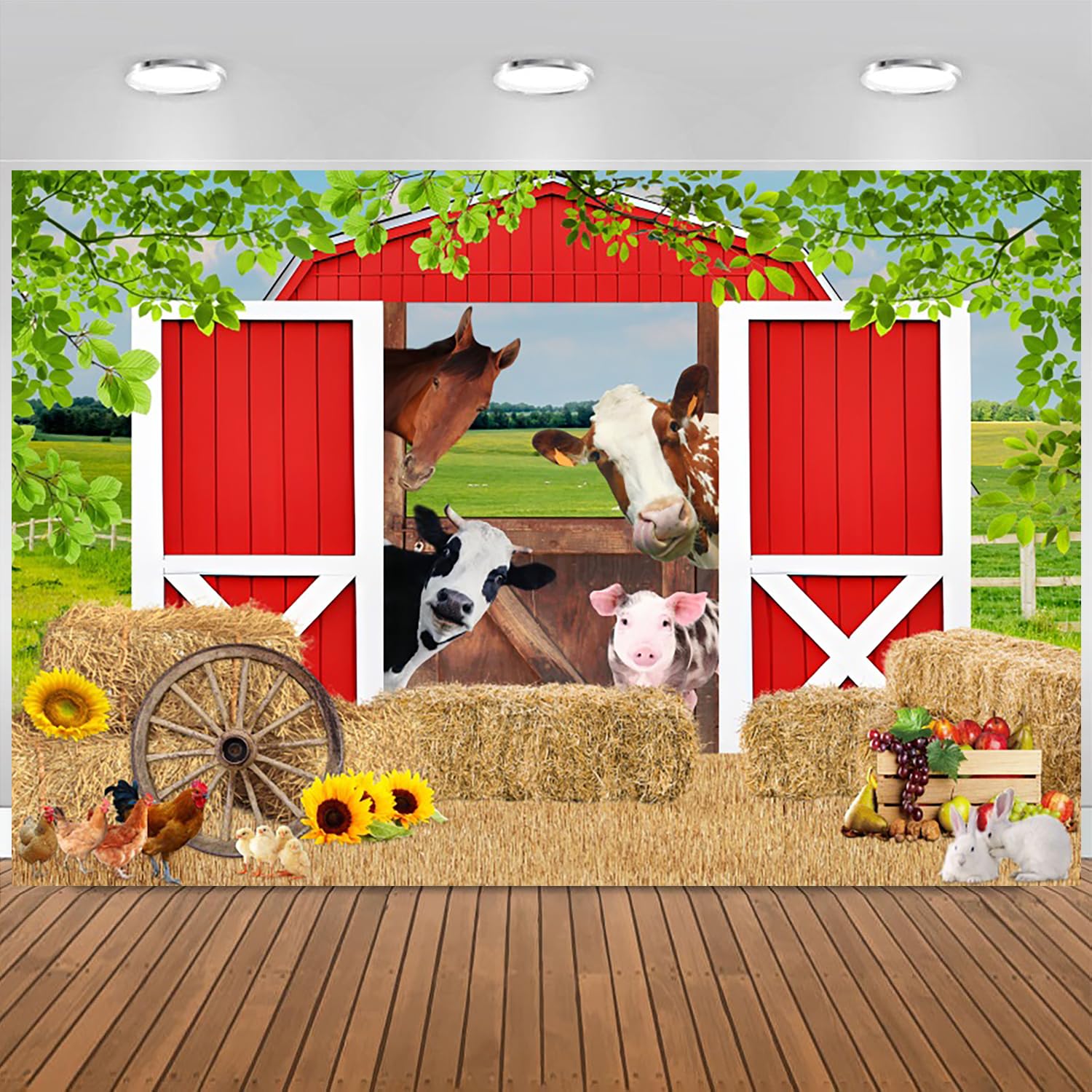3x2.4m Sfondo Fattoria Cortile rosso del fienile Animali della fattoria verde erba pagliaio fotografia sfondo bambini ragazzi ragazze paese fattoria compleanno decorazioni Photo Booth Props