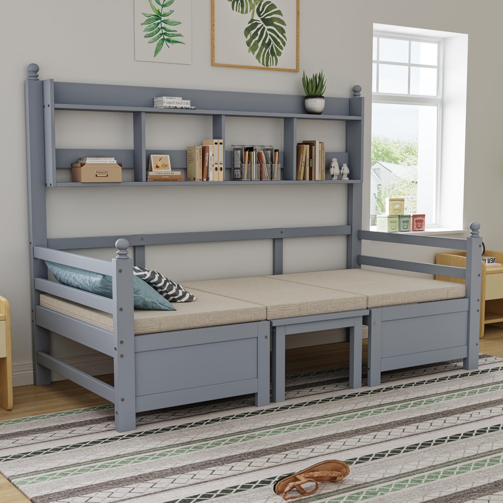 Multifunktionales Massivholz Schlafsofa 90x200, 2-in-1 Bett und Schreibtisch, Frei Umbaubar, Mit Bücherregal Zur Aufbewahrung, Mit Bequemen Kissen, Gästebett (Grau)