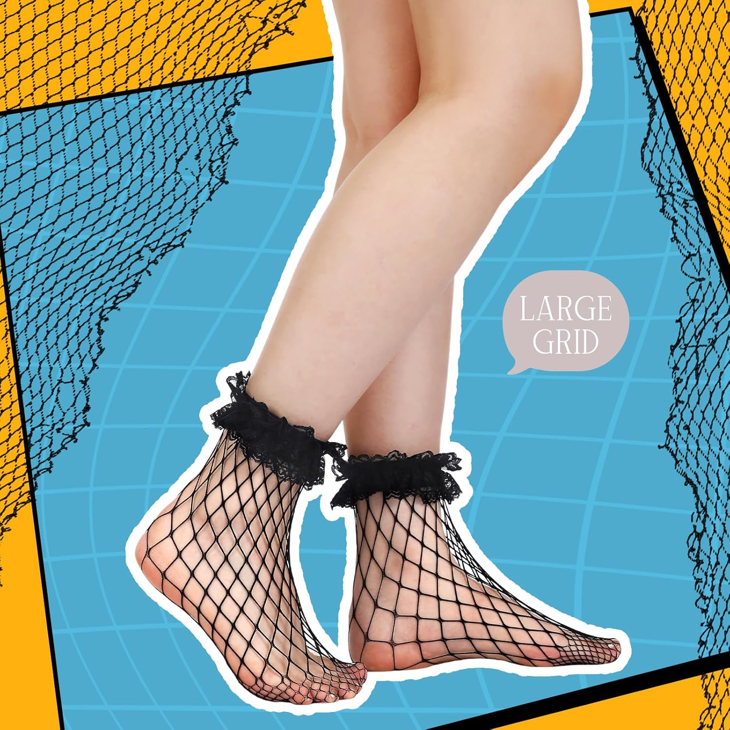 6 Pairs Women's Lace Socks Fishnet Ruffle Frilly Ankle Socks Mesh Hollow out Knee High Stockings for Women Girls - Image 6