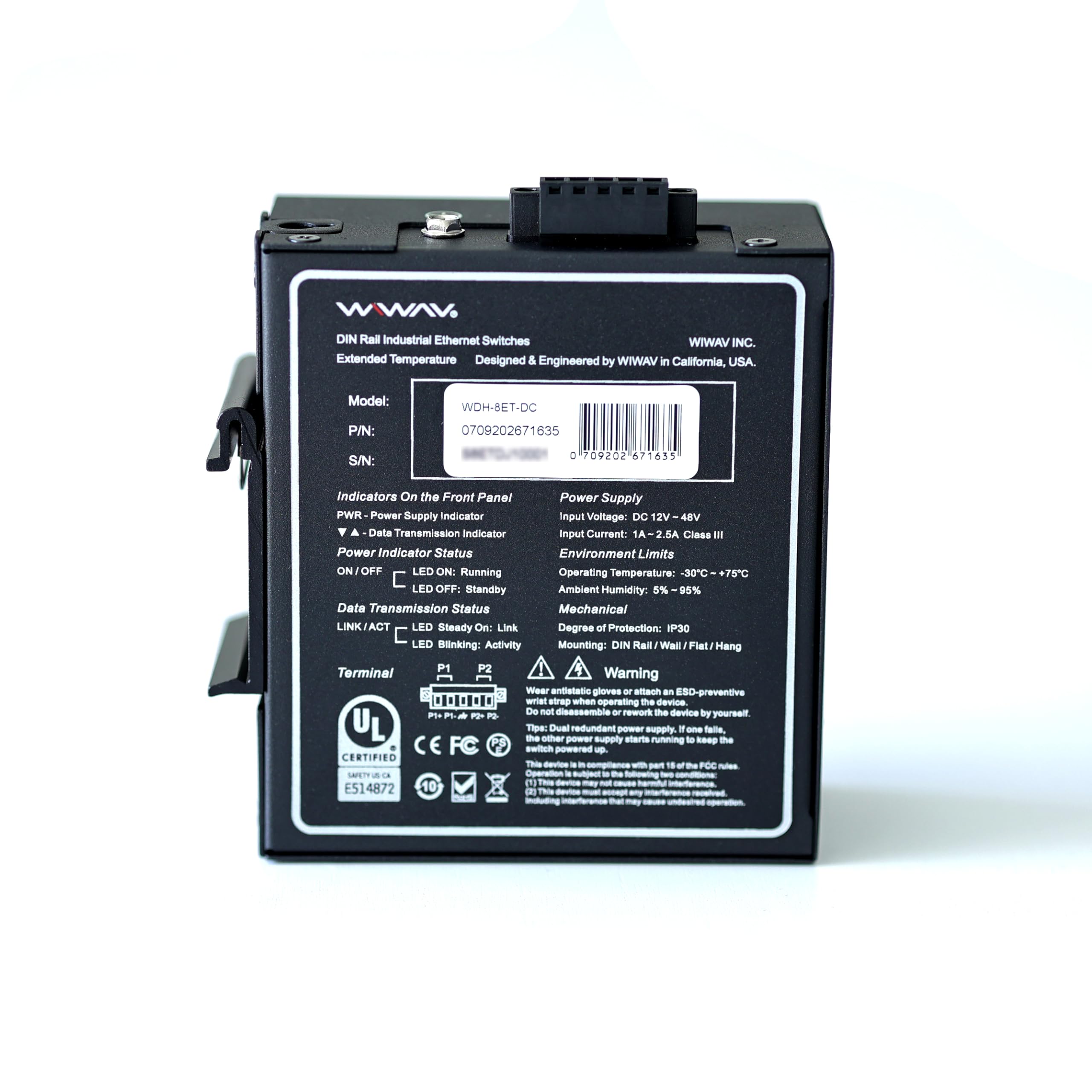 WDH-8ET-DC 10/100Mbps Switches Ethernet industriales de 8 Puertos no administrados con riel DIN/Montaje en Pared (Certificación UL, sin Ventilador, -30°C ~ 75°C)
