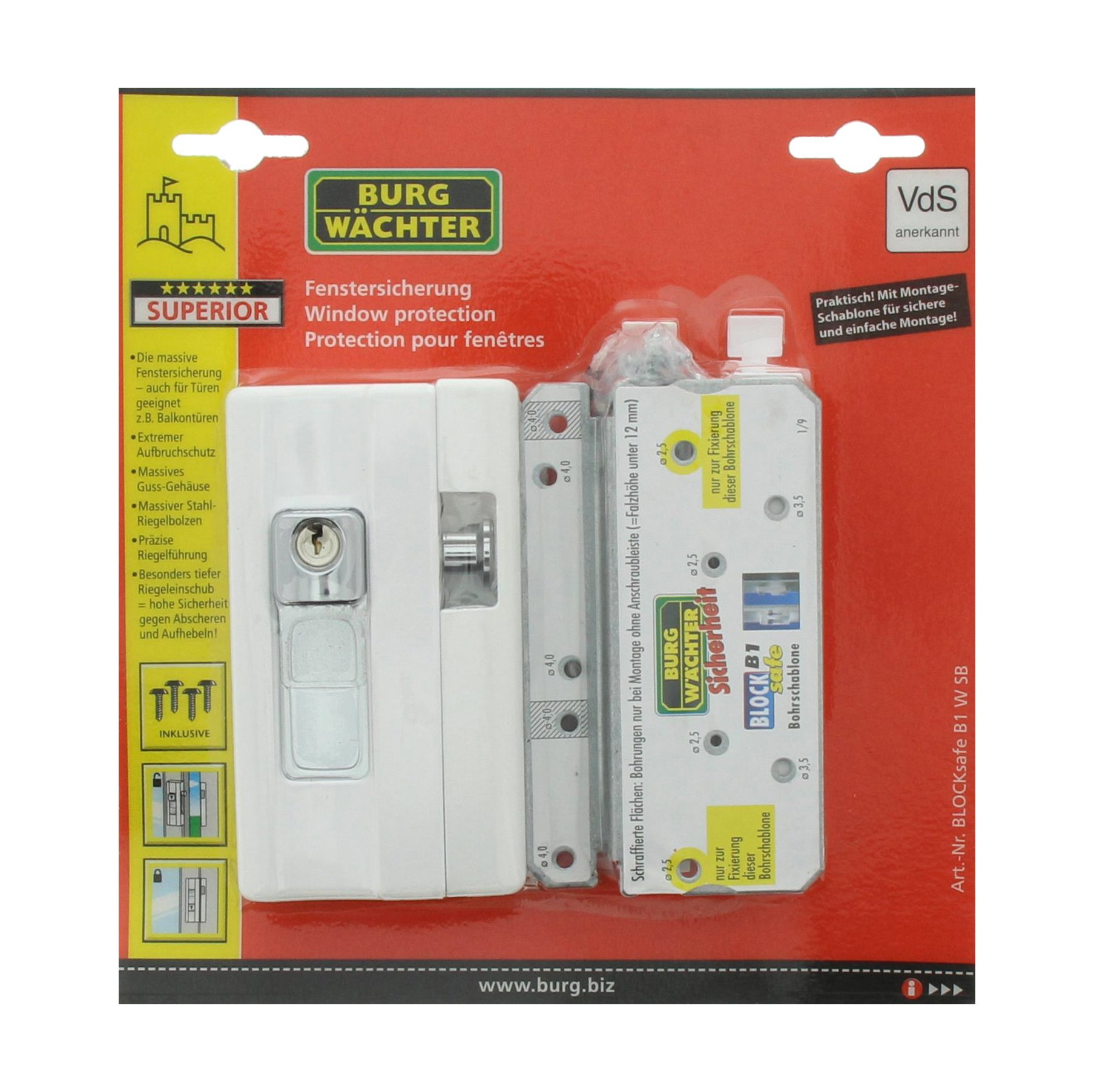 BURG-WÄCHTER Massive Fenstersicherung, VdS-anerkannt, Präzisions-Zylinderschließwerk, BlockSafe B1 W SB