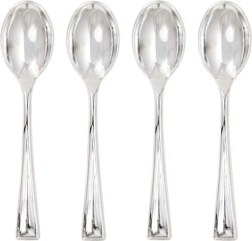 Creative Converting 51924 Mini cucharas de plástico en caja, color plateado metálico, 24 piezas