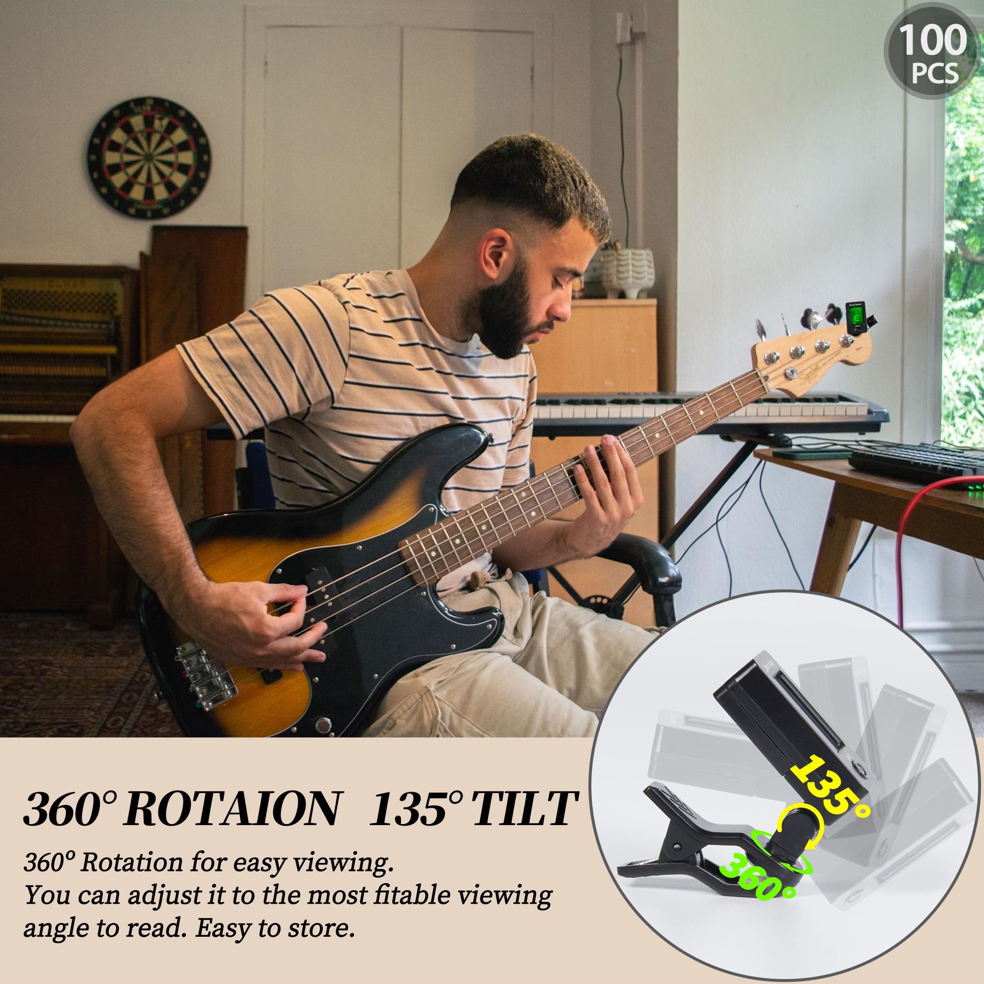 Gitarren-Stimmgerät zum Anklippen, für alle Instrumente, Gitarre, Bass, Ukulele, Violine, Banjo, Stimmgerät (Stimmgerät, 100 Stück)