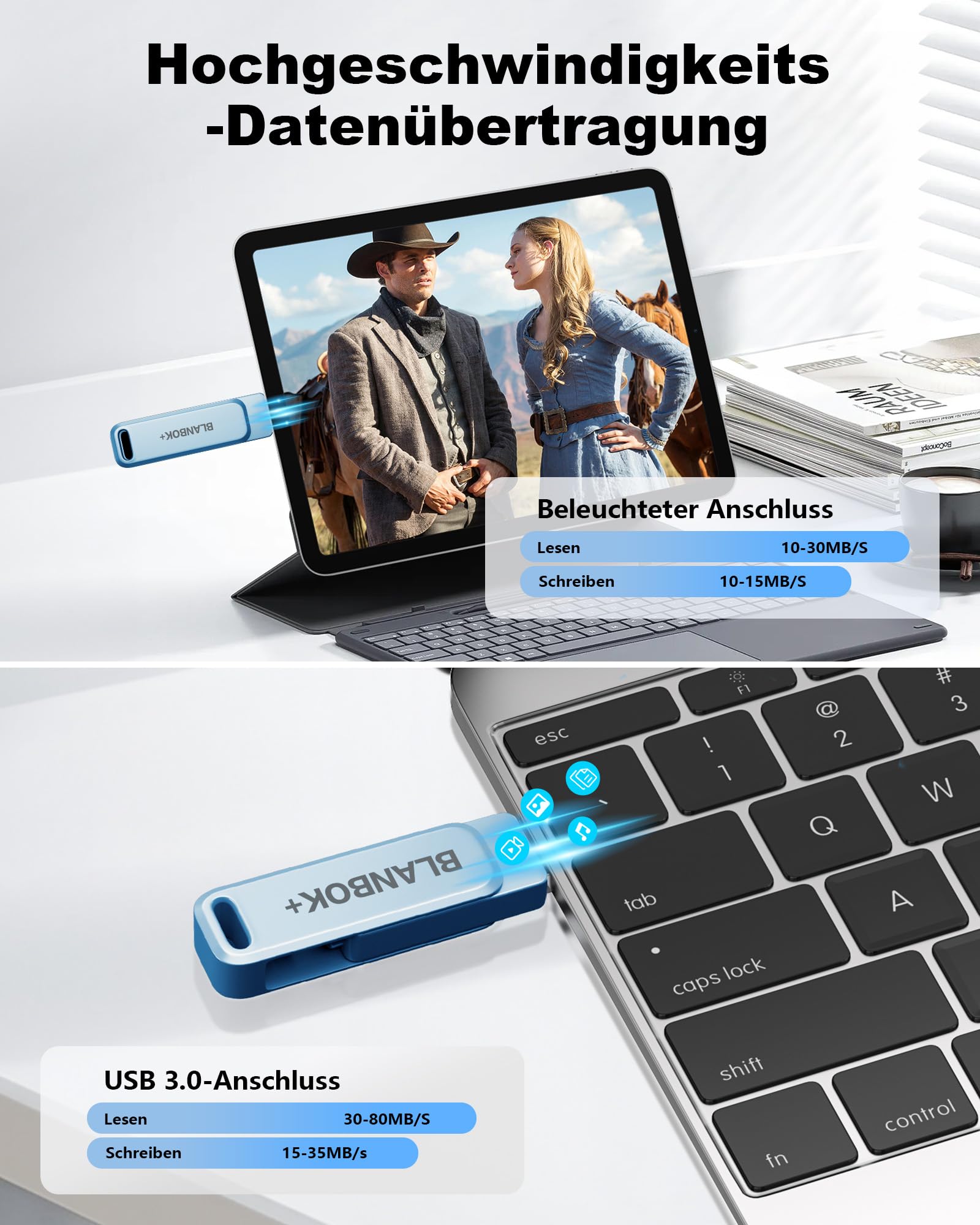 Apple Chiavetta USB certificata MFi per cellulare, unità flash 3 in 1 per iPhone, iPad, Android e PC, memoria USB 3.0 ad alta velocità, per backup di foto e dati (blu, 256 GB)