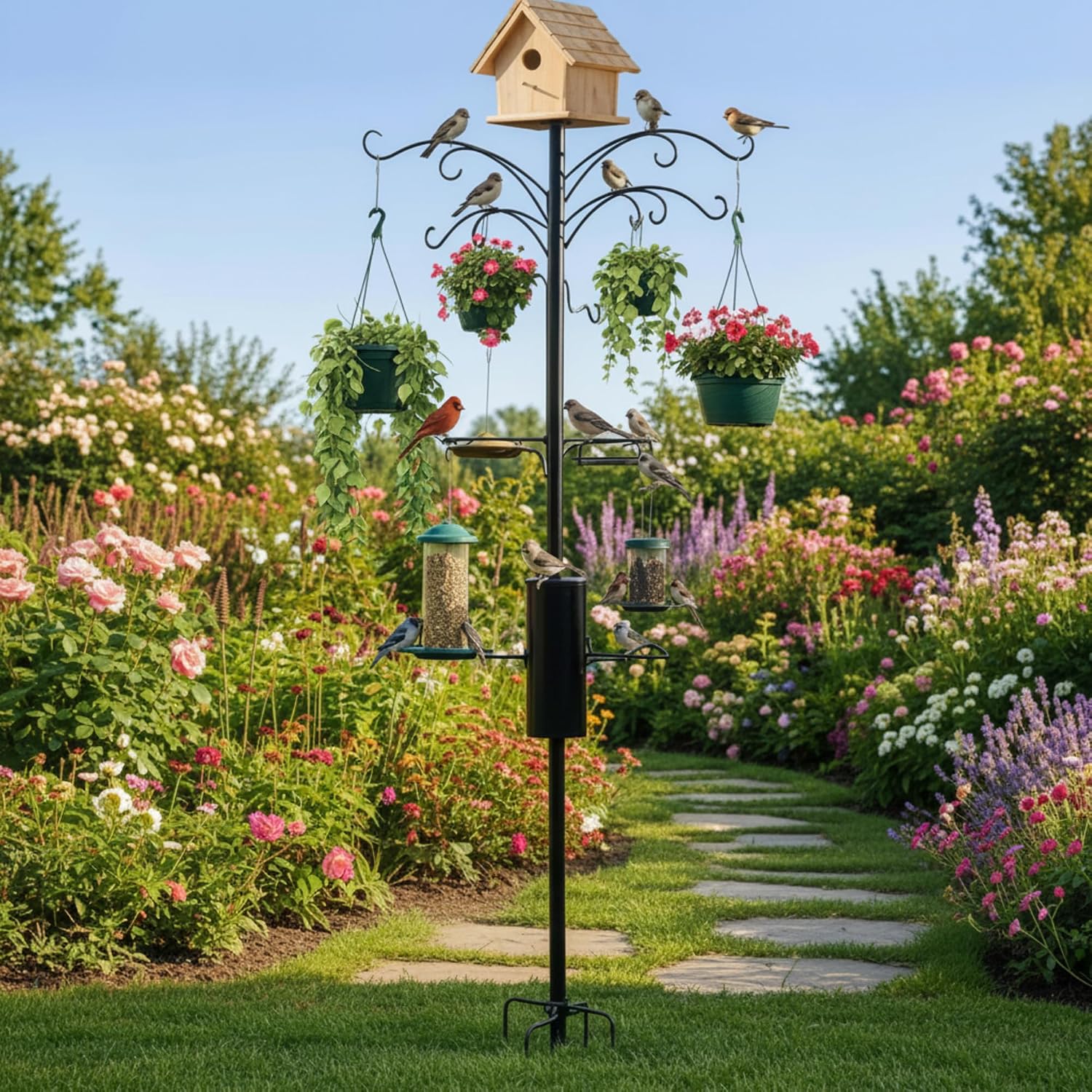 Yaocom 9.8ft Raccoon Proof Bird Feeder Pole with 18 Inch Arms Squirrel Baffle Heavy Duty Backyard Feeding System Supports up to 25 Lbs for Garden Bird Lovers, Compatible with Brome Feeders