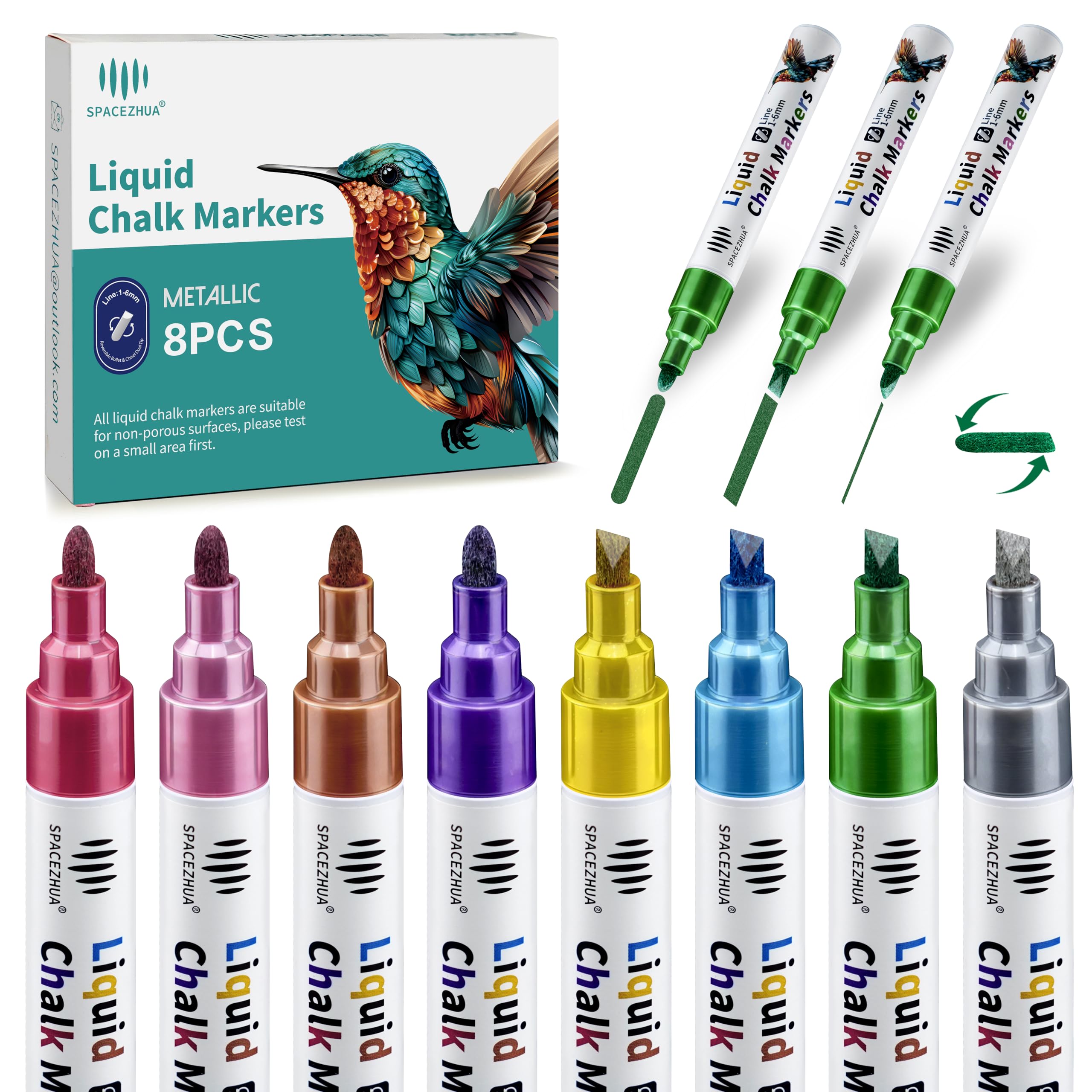 SPACEZHUA Liquid Chalk Markers with 6mm Reversible Tips 8 Colors Metallic Chalk Markers for Mirror Glass Window Cars, Blackboard Whiteboard Chalkboard