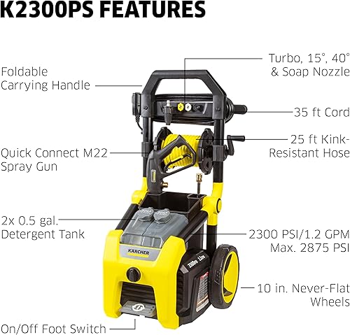 Miniatura 3 de Karcher K2300PS 2300 PSI 1.2 GPM TruPressure - Lavadora a presión eléctrica de inducción - 2875 Max PSI con 4 boquillas y carrete de manguera para