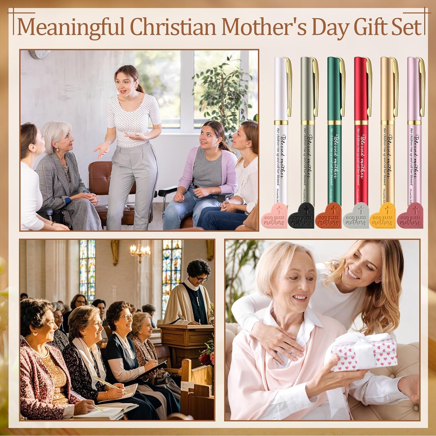 Spakon 50 Sets Mother's Day Christian Gifts for Church Bulk God Bless Mother Bible Verse Leather Heart Corner Bookmarks Pens Motivational Scripture Card Religious Party Favor for Moms Godmother