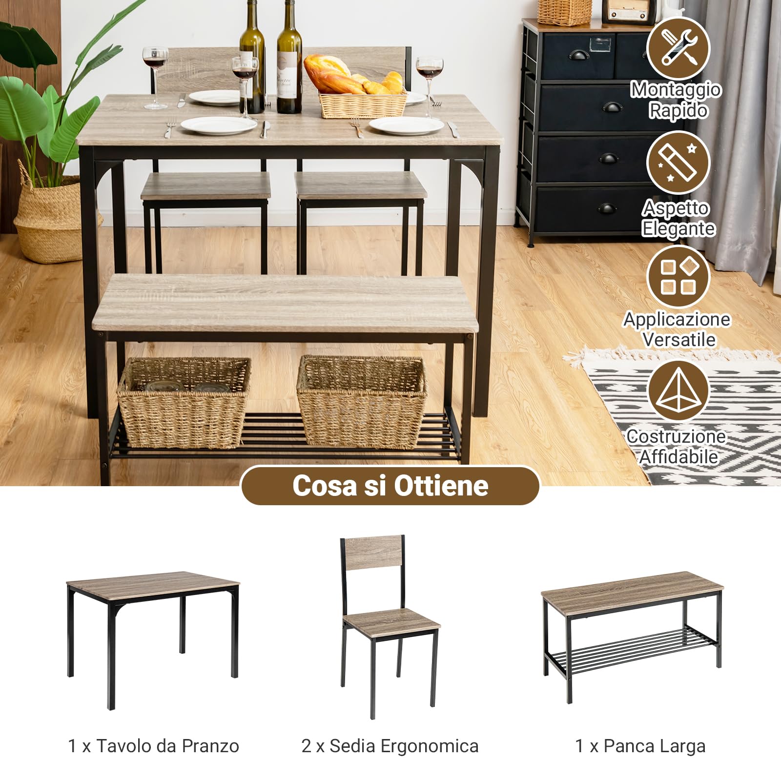 COSTWAY Set Tavolo e Sedie da Cucina 4 Pezzi, Tavolo da Pranzo con 2 Sedie e 1 Panca, Set Mobili da Cucina Salvaspazio con 4 Posti, per Sala da Pranzo e Soggiorno (Rovere grigio)