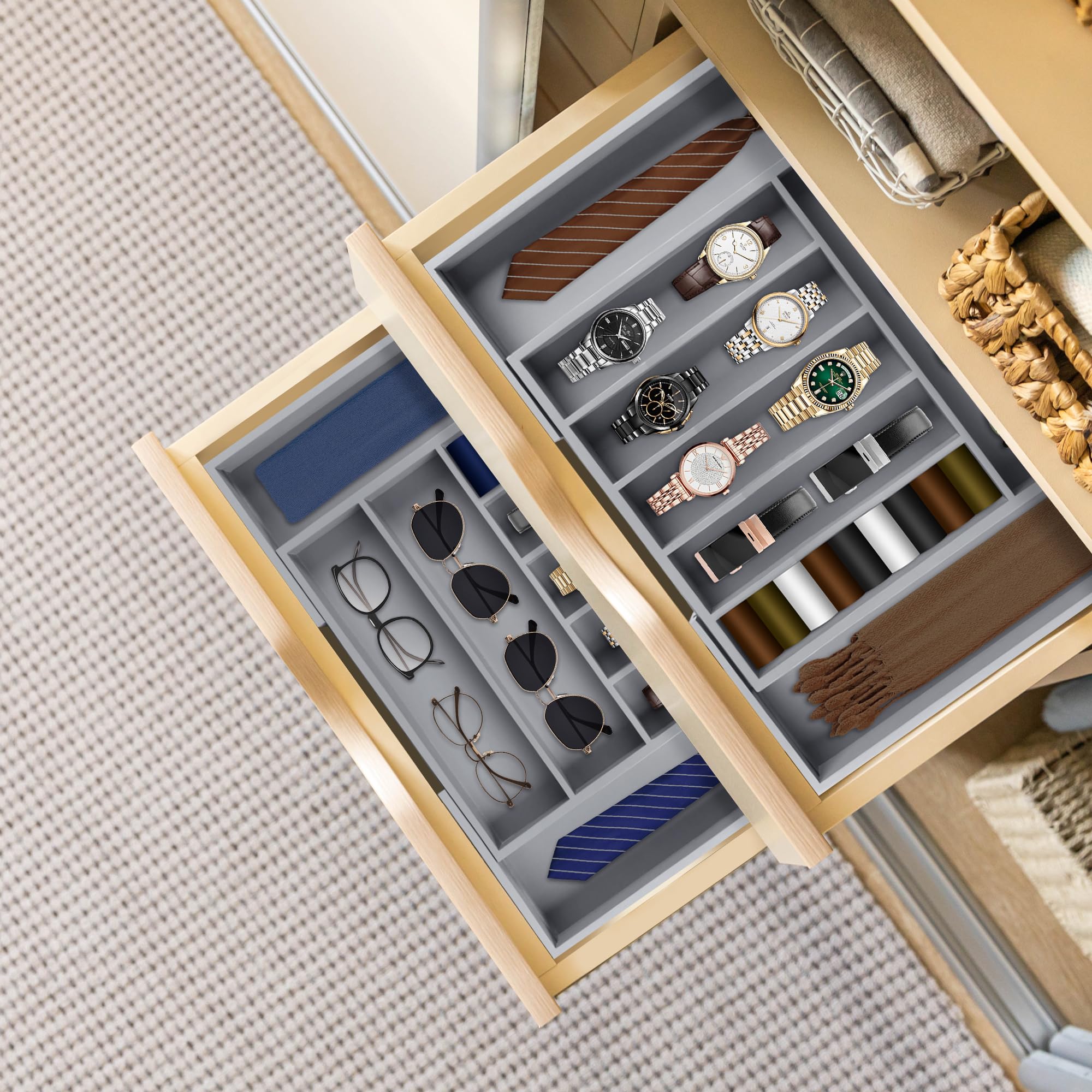 Großer Premium-Besteck-Organizer aus Bambus – erweiterbarer Schubladen-Organizer und Utensilien-Organizer – 43,2 x 50 cm Besteckkasten mit Trennwänden für Küchenutensilien und Besteck (7–9