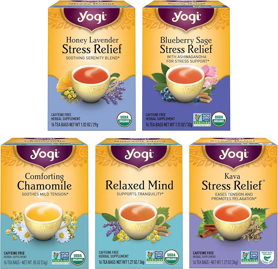 Yogi Tea Stress Relief &amp; Relaxation Variety Sampler - 16 Bags per Pack (5 Packs) - Organic Relaxing Tea Sampler Set - Calming, Comforting Chamomile, Relaxed Mind &amp; More