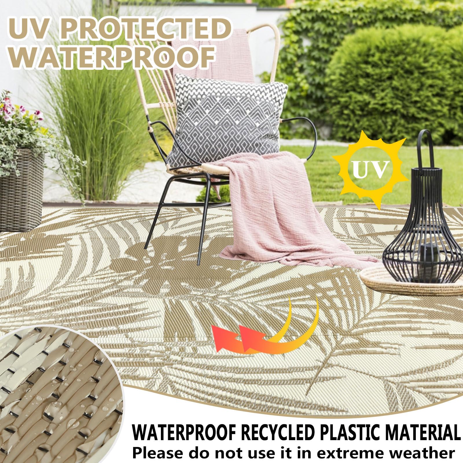 Famibay Alfombras exteriores impermeables, paja de plástico reversible, manta de picnic portátil para jardín, camping, balcón, terraza, patio, porche, playa, barbacoa