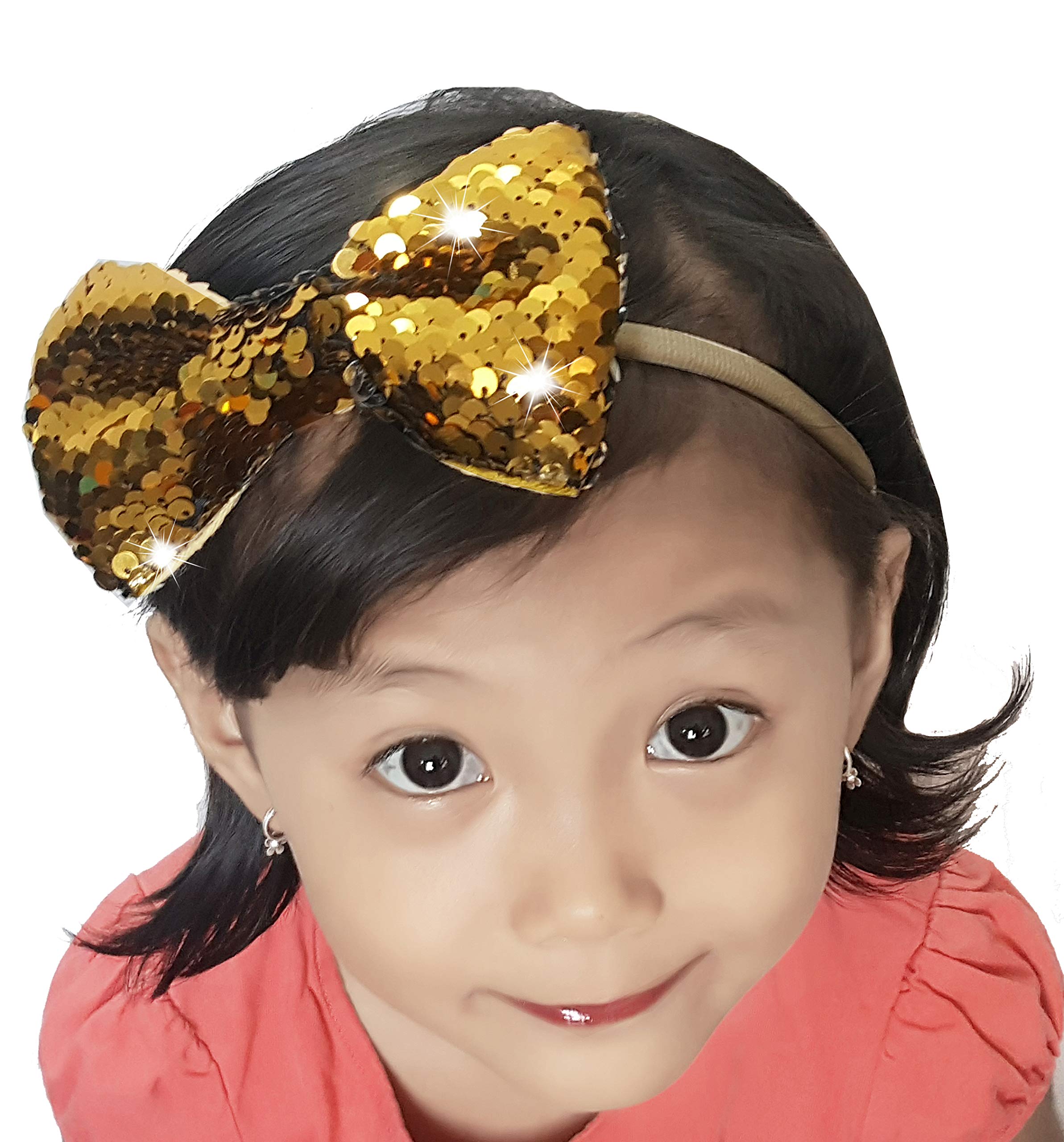 Little Miss Attitude - 5" Golden Sparkly Sequin Bow Headband Photo Props For Newborn Babies And Girls (HA026)