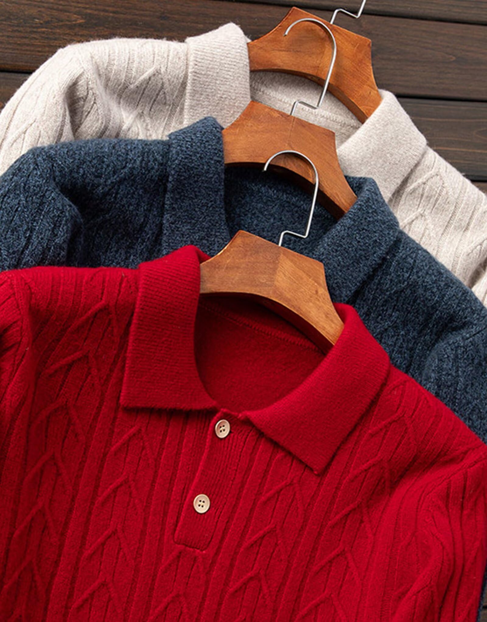 HNVAVQ Maglia 100% Cashmere Uomo Collo Polo a Trecce Ufficio Casual