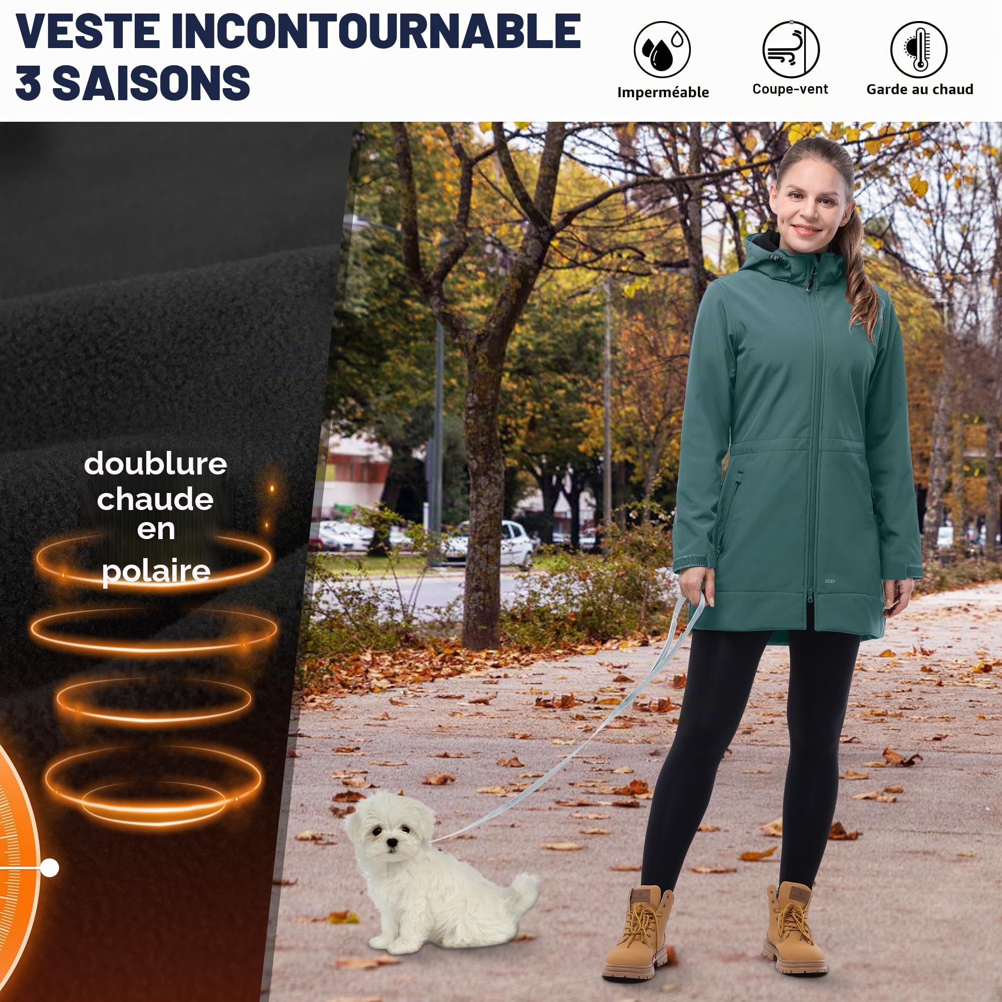 33,000ft Veste softshell légère avec capuche - Veste fonctionnelle pour femme - Doublure polaire - Coupe-vent - Respirant - Manteau long à capuche pour le cyclisme, la randonnée en plein air