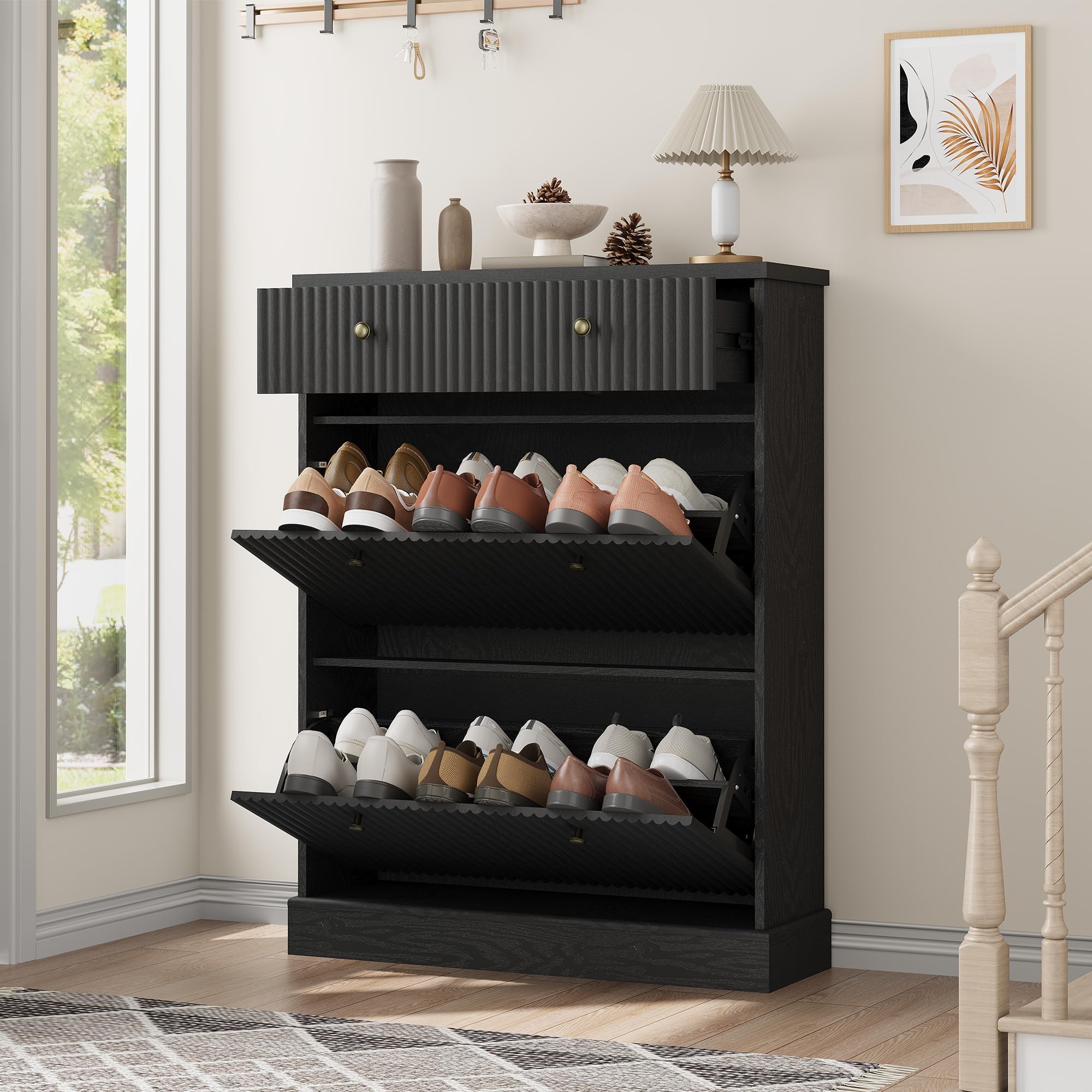 Schuhschrank, 2 Klappen 1 Schublade, Wellenfront, 80 x 25 x 107 cm