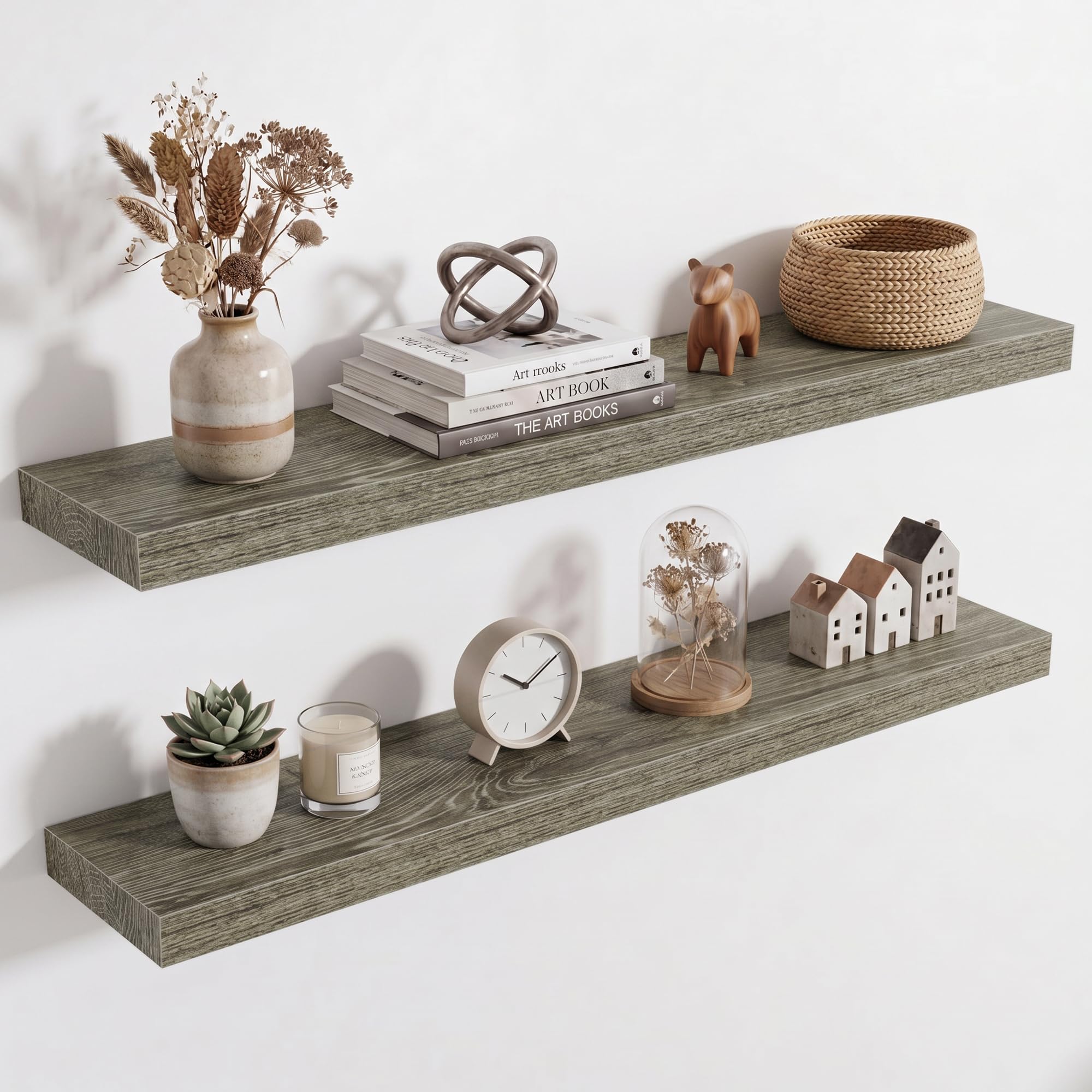Acovy Floating Shelves for Wall, Extra Thick 90cm Long Wooden Wall Mounted Shelf, Wall Shelves for Living Room Bathroom Bedroom Kitchen, Oak Grey, Set of 2