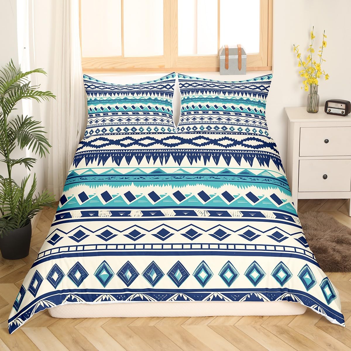 FeelyouBoho Comforter Cover Set Bohemian Floral Duvet Cover Set for Kids Boys Girls Blue Bohemian Stripes Bedding Set Morden Art Quilt Cover Bedroom Collection 3Pcs King Size,No Comforter