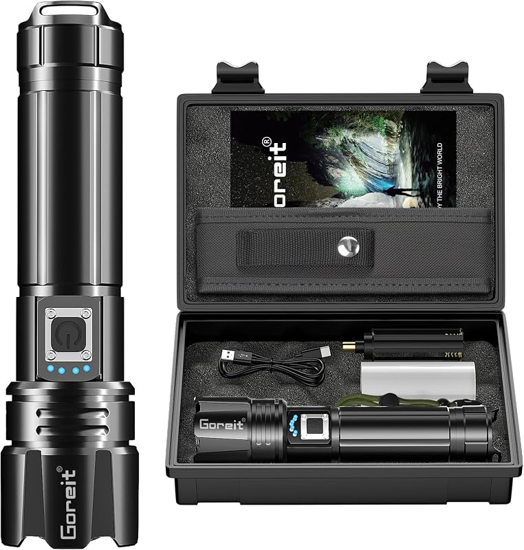 Goreit High Lumens Rechargeable 30W Super Bright Flash Light 50000 Lumens | 3937ft Beam, USB-C Rechargeable, 12H Runtime, IP67 Waterproof Powerful Handheld Linternas for Home, Camping, Hiking,Emergency