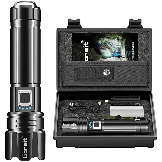 Flashlight High Lumens Rechargeable, Goreit 20000 Lumen Led Flashlights XHP70.2 USB Super Bright Flash Light, High Powered Handheld Flashlights for Emergencies Camping, IP67 Waterproof, Zoomable