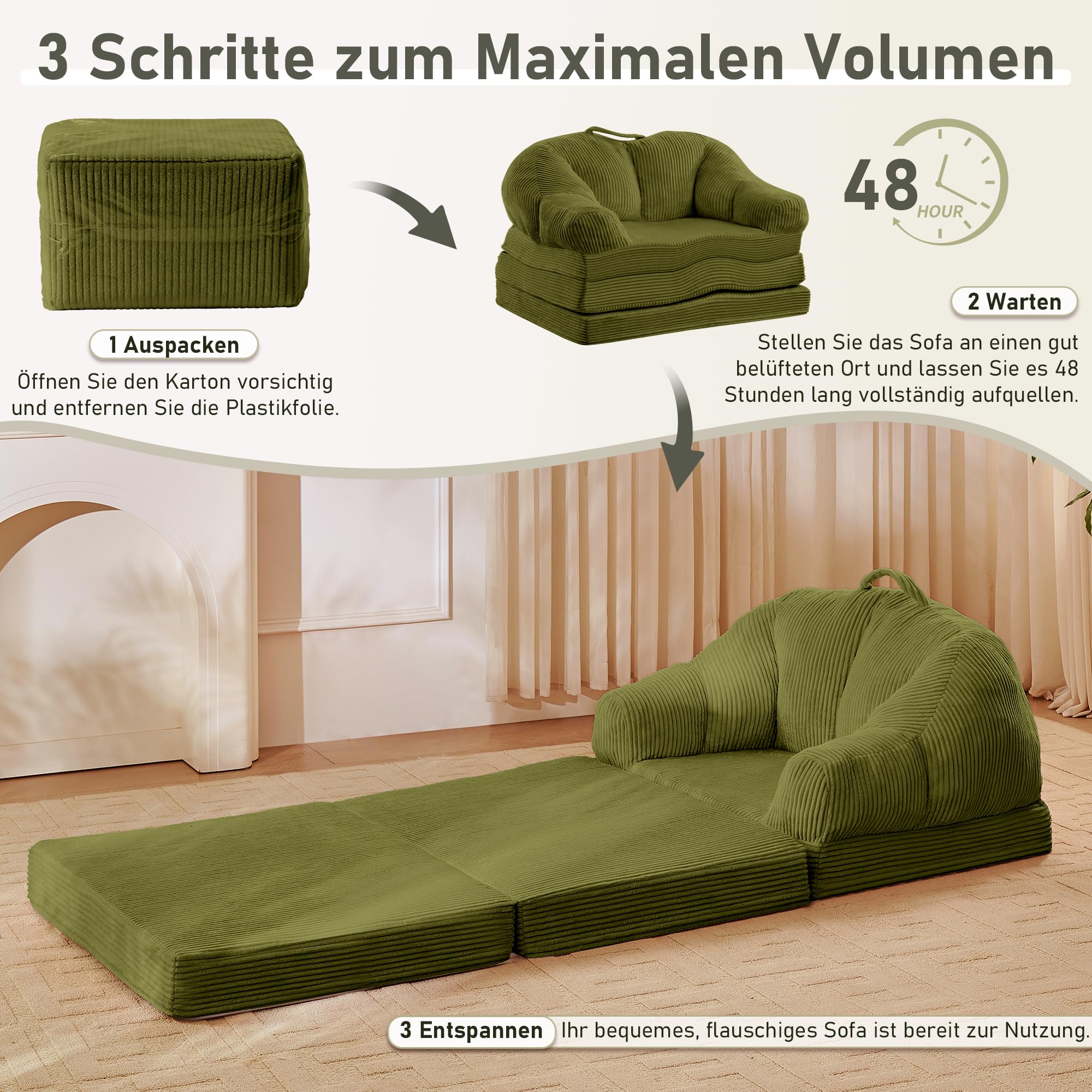 3-in-1 Klappsofa, Schlafsofa aus Cord und Schaumstoff, Schlafsessel mit Bettfunktion, Umwandelbares Bodensofa mit Griff, sitzsack zum Entspannen Schlafen im Schlafzimmer-und Wohnzimmer,Grün