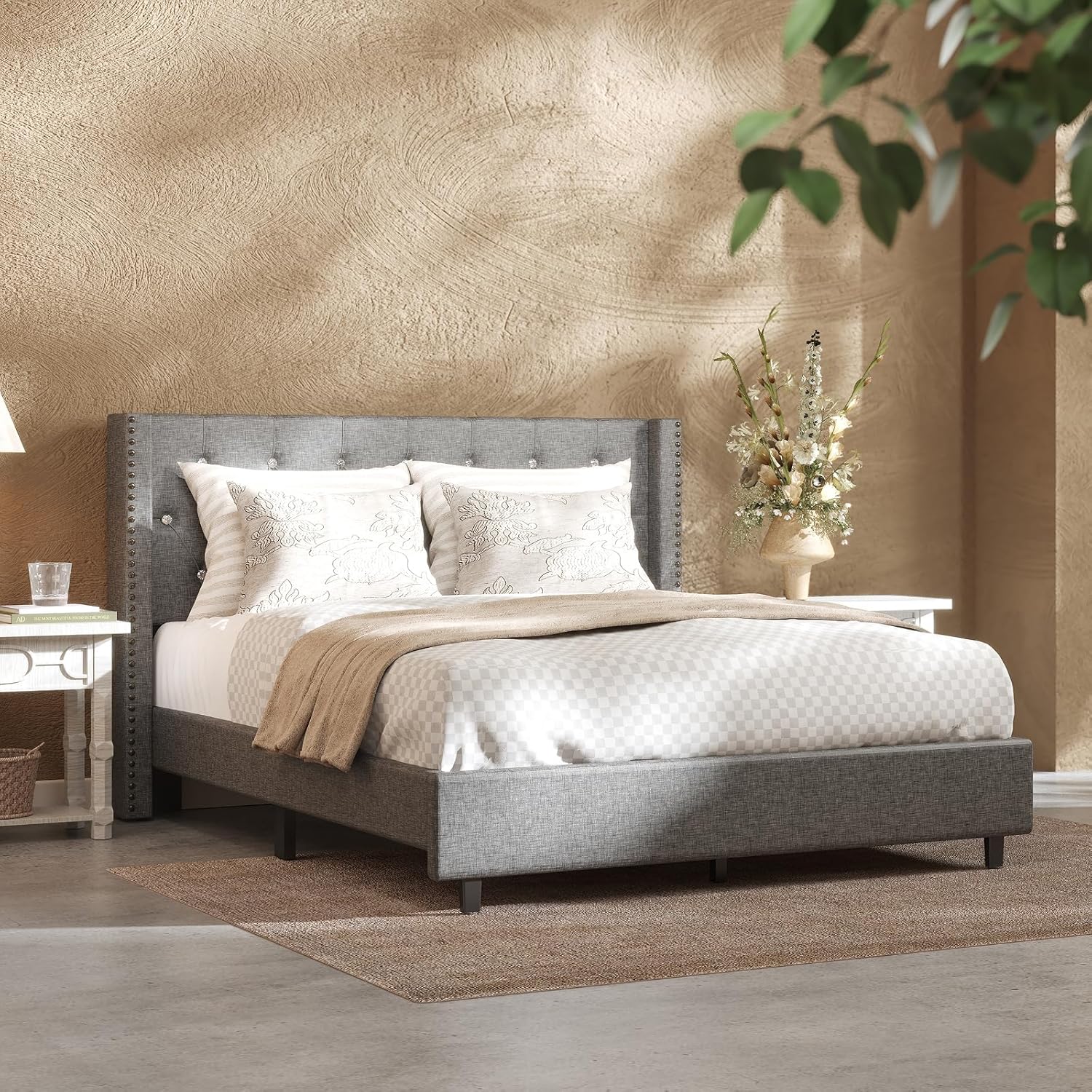 Product varies not the same color Queen Size Upholstered Bed Frame – Wingback Tufted Headboard, Sturdy Wooden Slats, 700 lbs Capacity, No Box Spring Needed, Easy Assembly, Queen