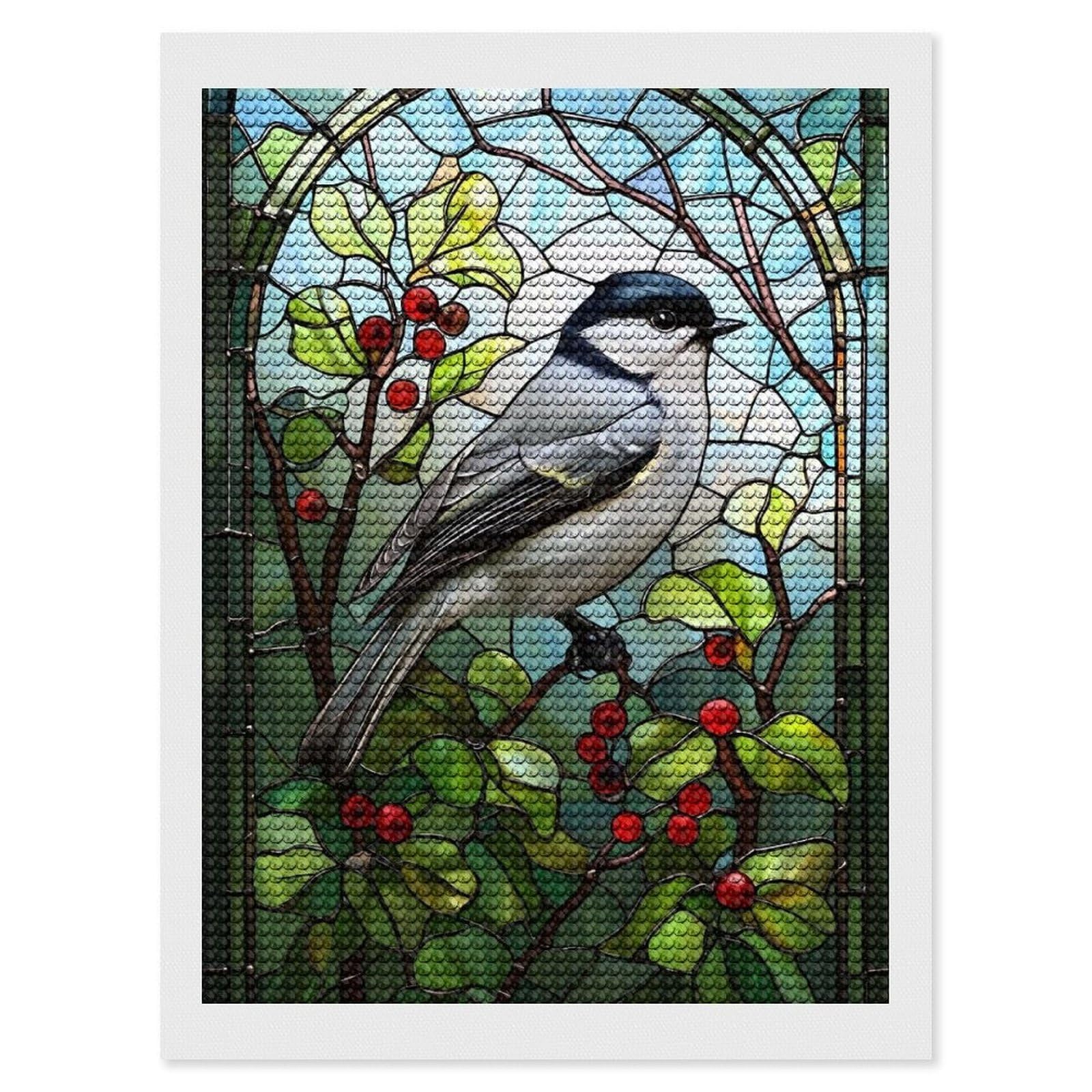 Junmoney Stained Glass Titmouse Diamond Painting Canvas Set 12"x16", with Tool Kit, Easy to Enjoy, Home Wall Decor, Thoughtful Handmade Gift