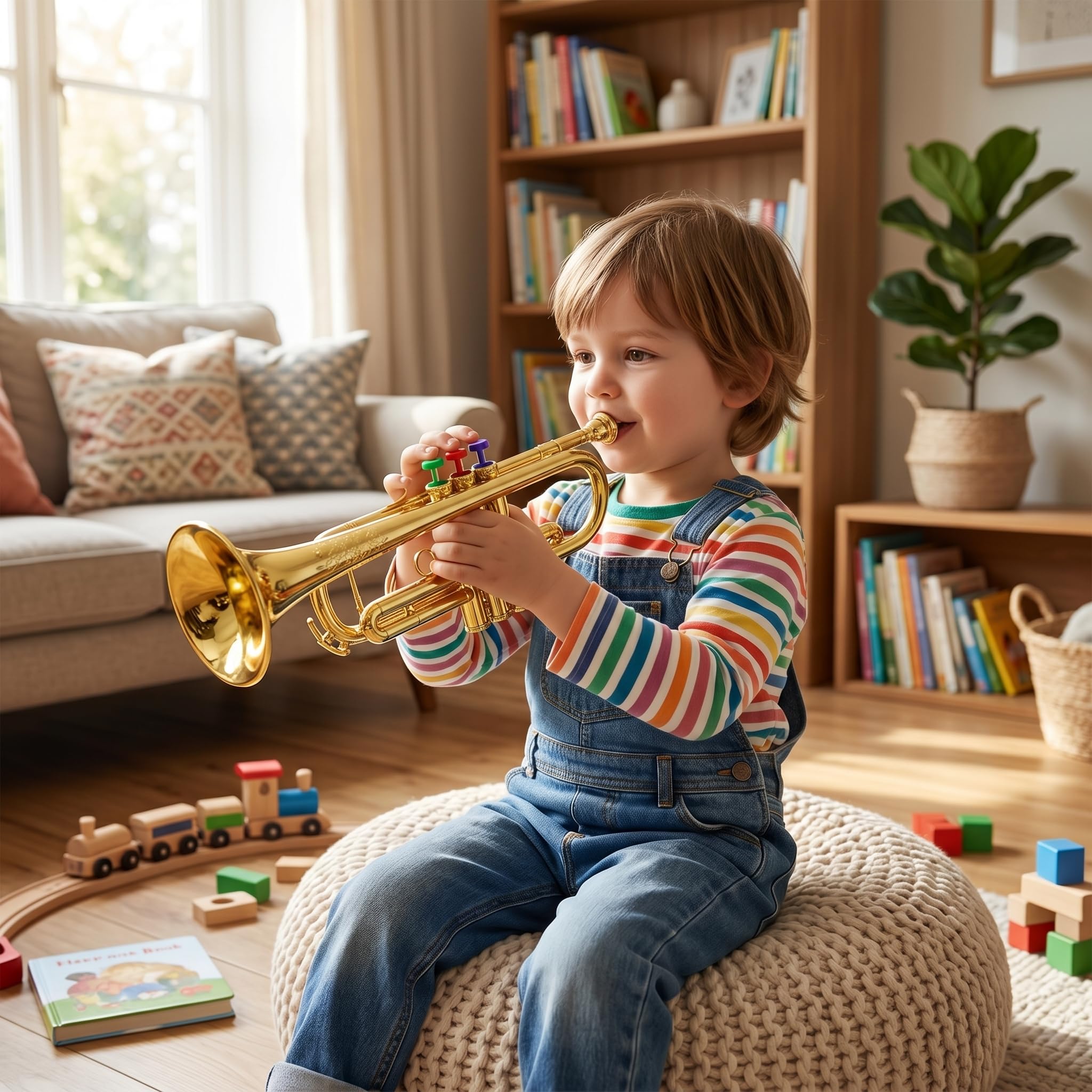 Kindertrompetenspielzeug, Pädagogisches Musikinstrument mit 4 Farbigen Tasten für Kinder, Echter Trompetenklang Goldfarben Sicheres Plastikmaterial