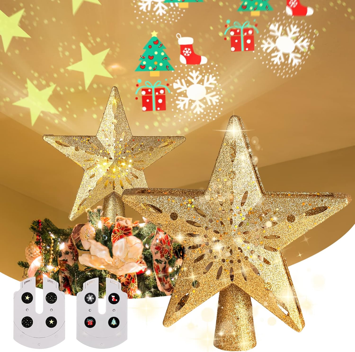 CLISPEED Christmas Star Tree Topper, Glitter Sparkling Hollow Lighted