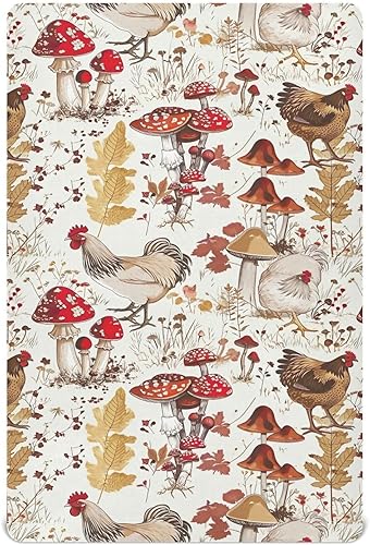 Kigai Fitted Crib Sheet for Boys Girls,Mushroom Rooster Jersey Knit Baby Sheet for Standard Crib and Toddler Bed Mattresses, Cozy Soft Breathable,