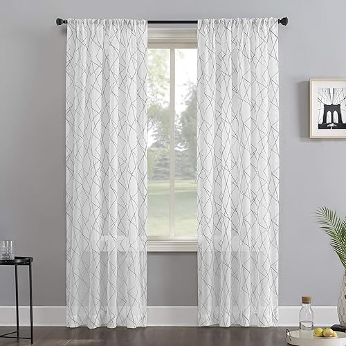 No. 918 Petra - Cortina semitransparente con dobladillo para barra, con bordado geométrico, 50 x 63 pulgadas, color gris