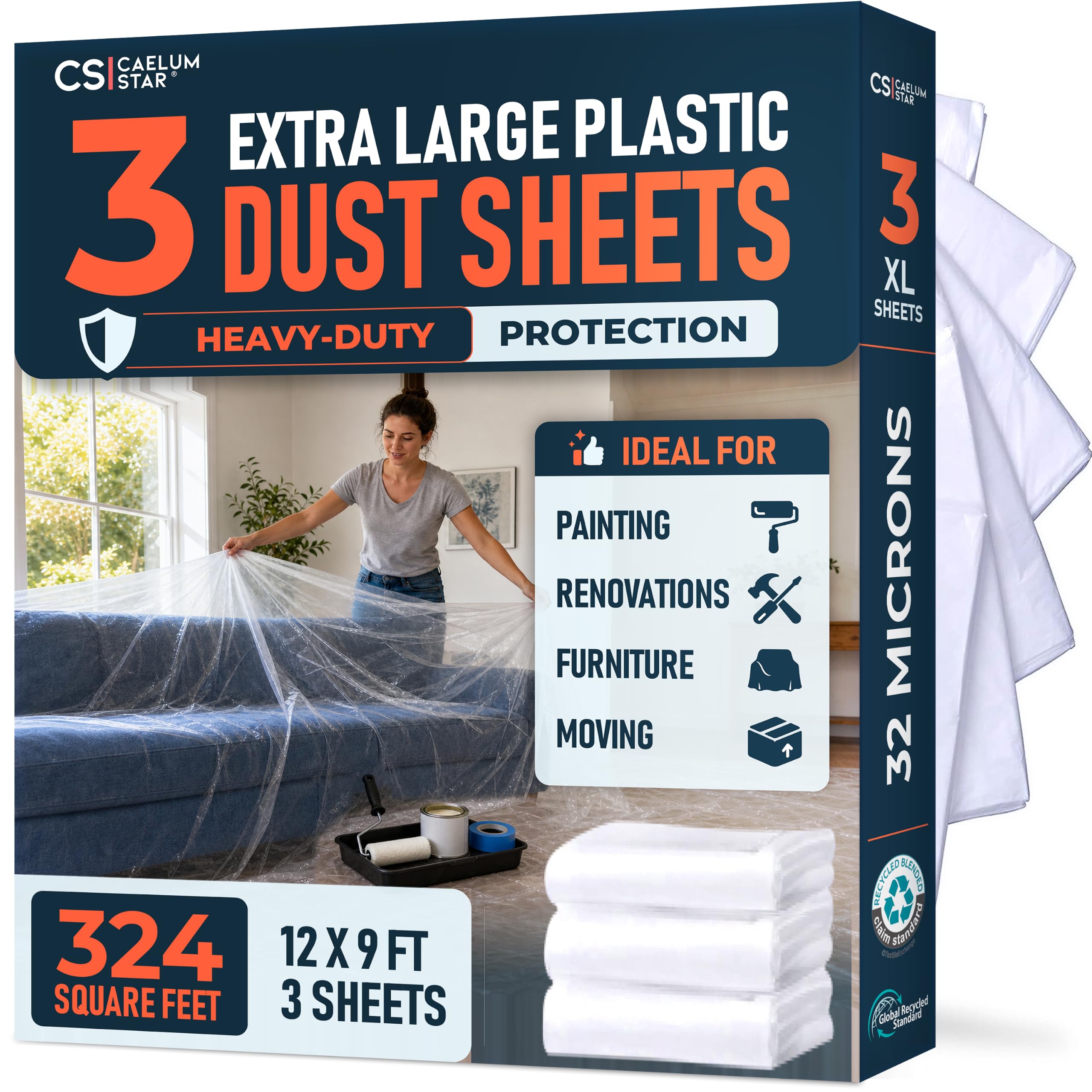 CS 3 Pack Clear Plastic Dust Sheets for Decorating & Painting, 12x9Ft Each