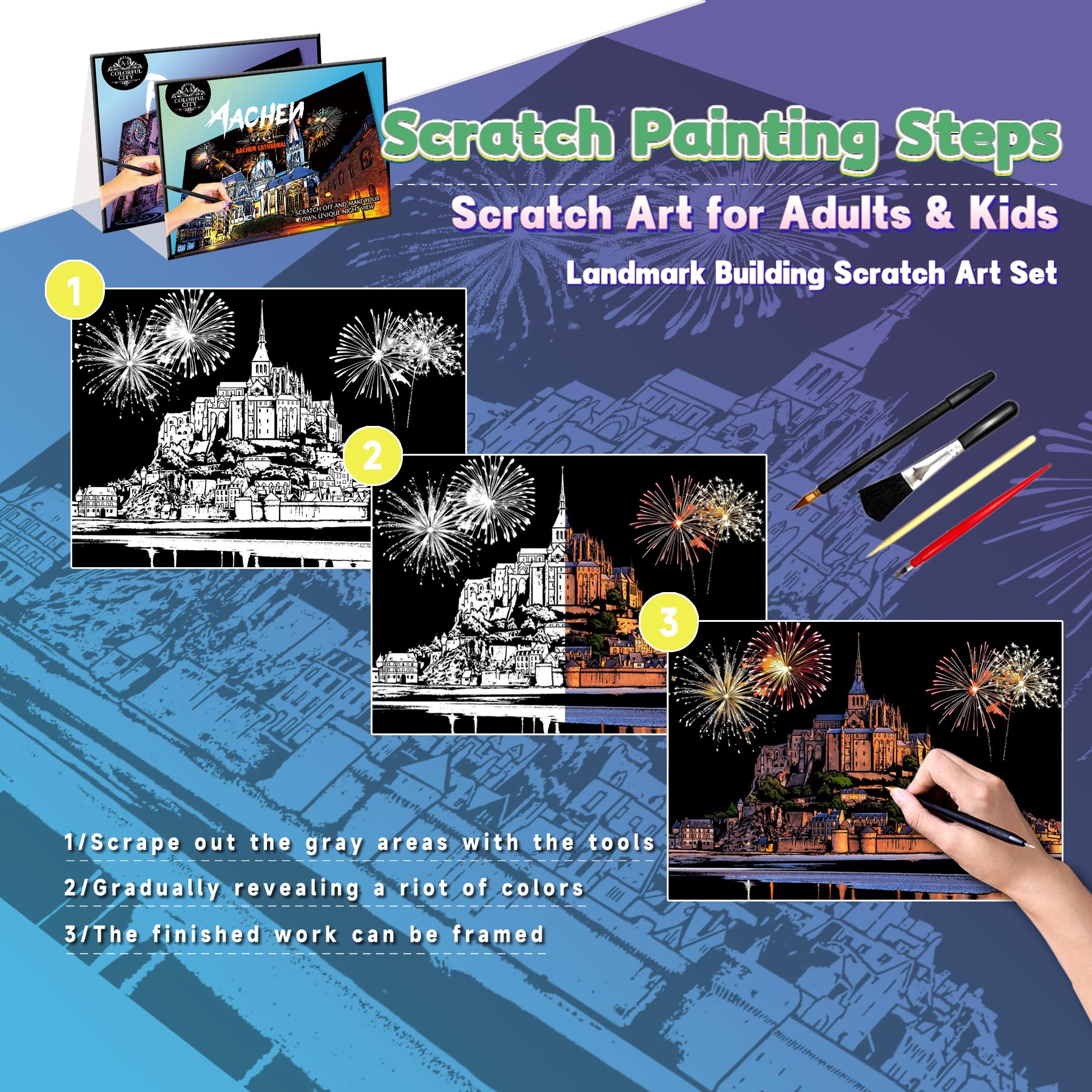 Scratch Art Painting Kit for Adults&Kids-8 Sheets A4 Rainbow Scratch Painting Paper Craft Set including City Landmarks - Image 3