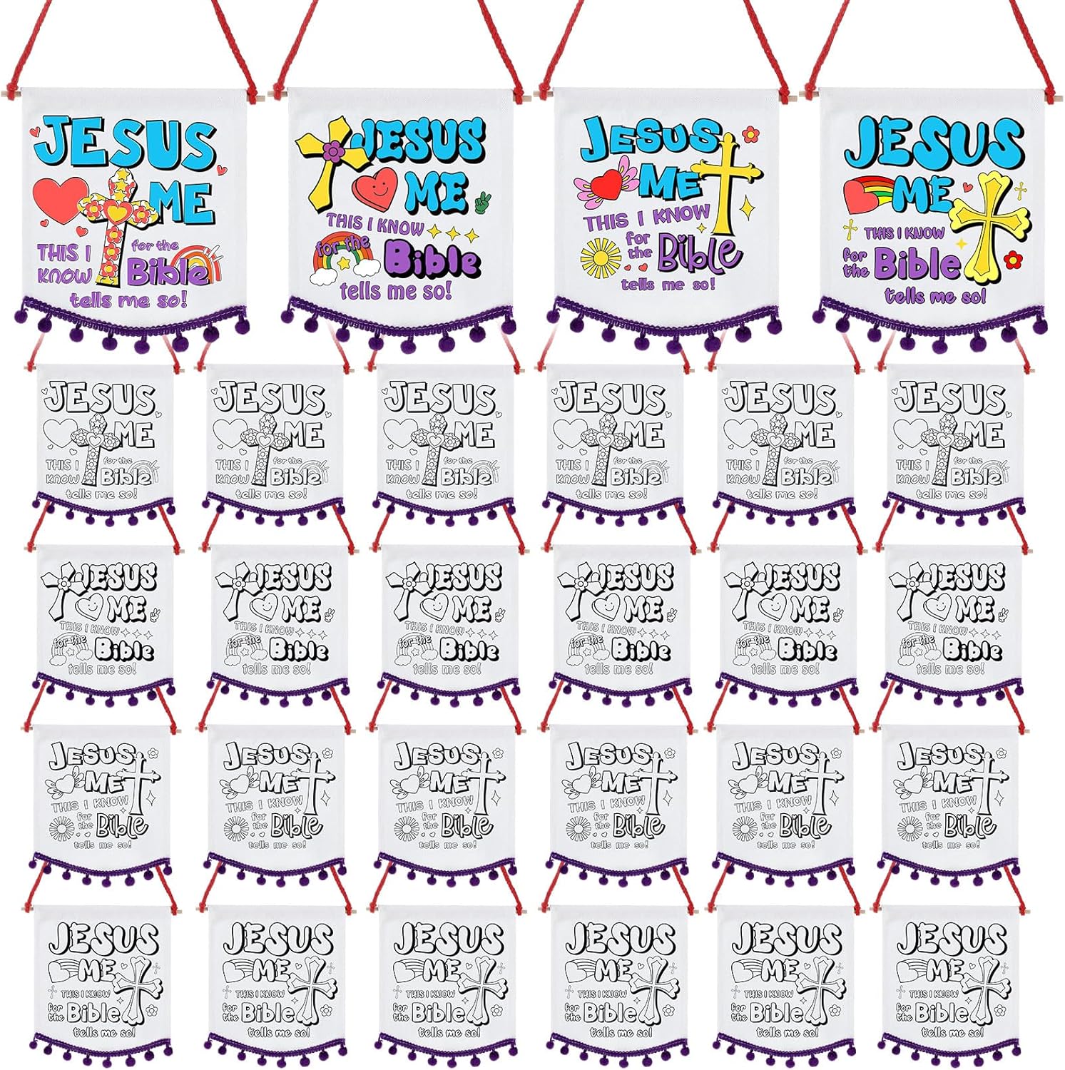 Buryeah 24 Pcs Religious Sunday School Crafts for Kids Color Your Own Jesus Loves Me Banners Pom DIY Coloring Christian Jesus Loves Me Crafts for Activity Supplies