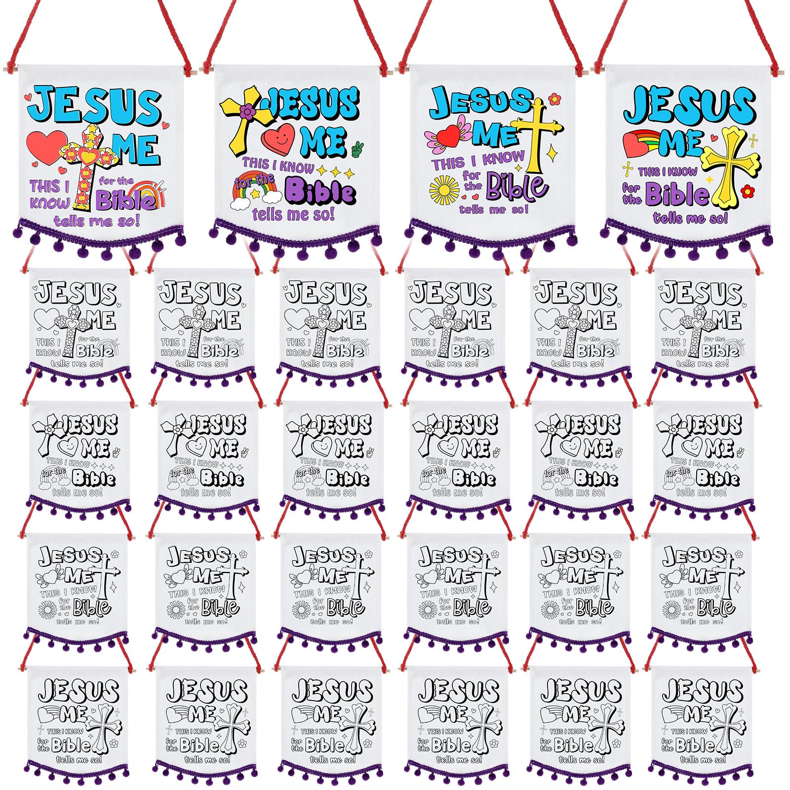 Buryeah 24 Pcs Religious Sunday School Crafts for Kids Color Your Own Jesus Loves Me Banners Pom DIY Coloring Christian Jesus Loves Me Crafts for Activity Supplies