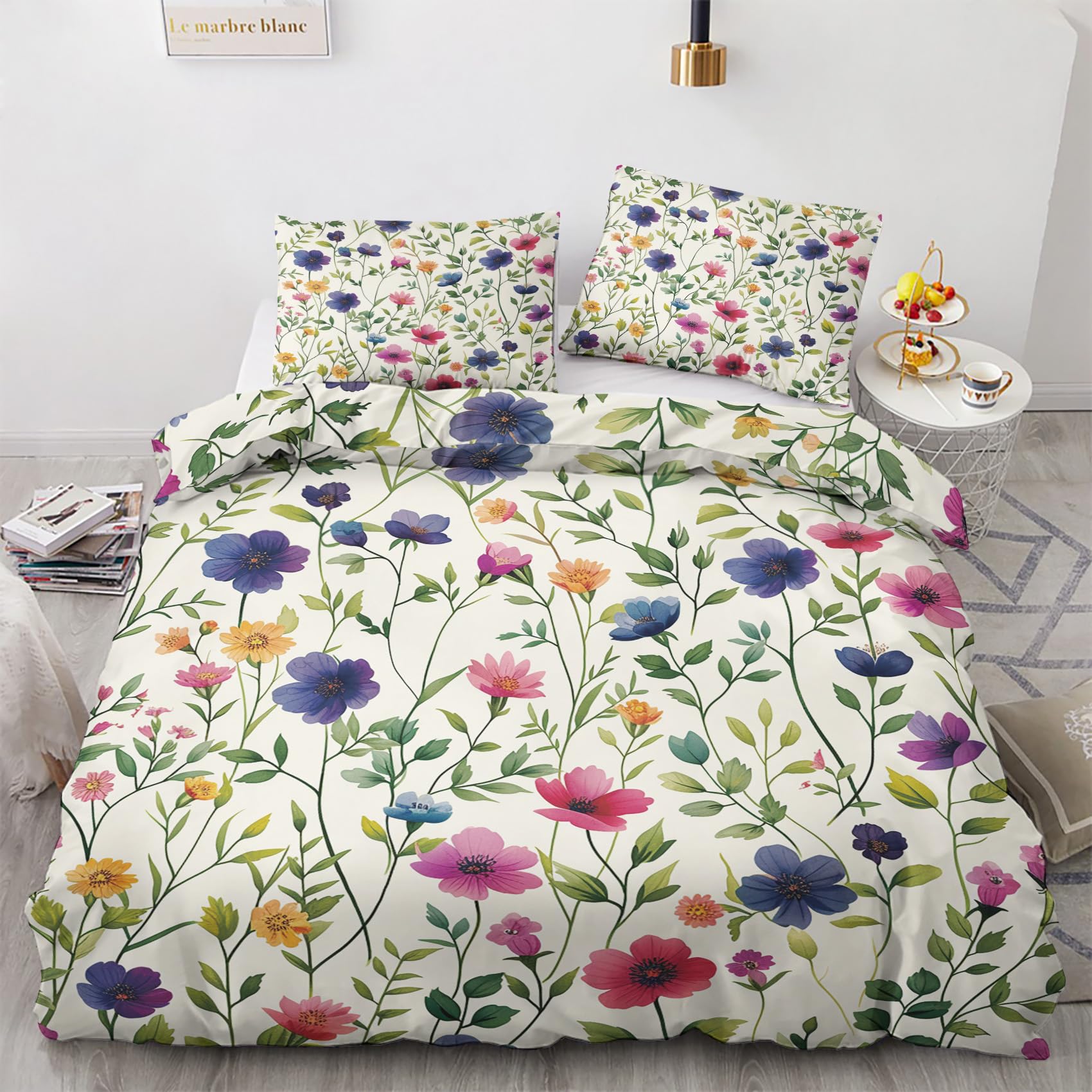 Nogawa Multicolor Floral Botanical Bedding Emperor Size - Flower Duvet Cover, Reversible Quilt Cover & 2 Pillowcases With Zip And Ties, Ultra Soft And Breathable Brushed Microfibre Bed Set