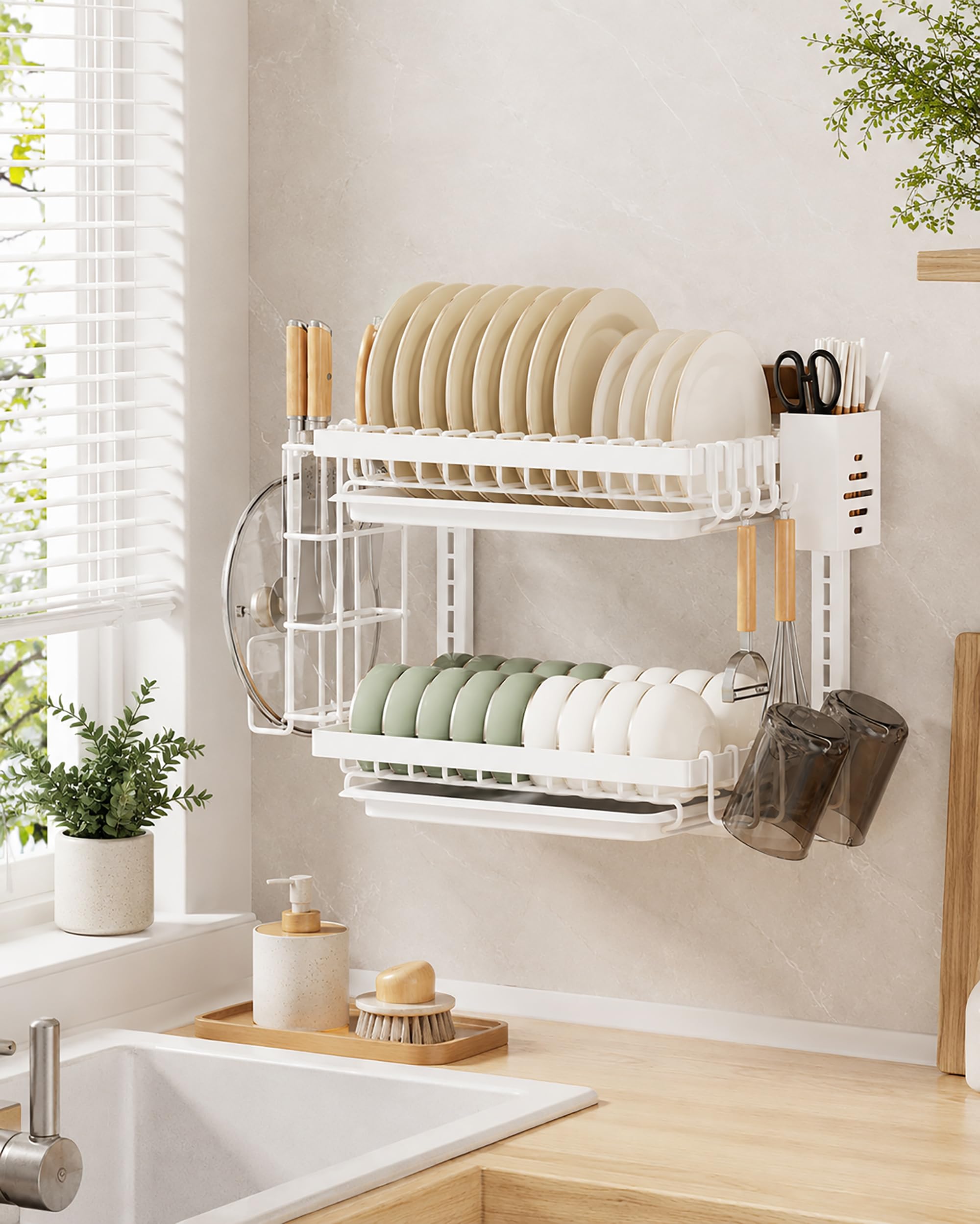 Scolapiatti da Parete Senza Foratura - Organizer Cucina Sospeso Salvaspazio - Acciaio Inox con Vassoio Antigoccia e Ganci, Regolabile a 2/3 Ripiani
