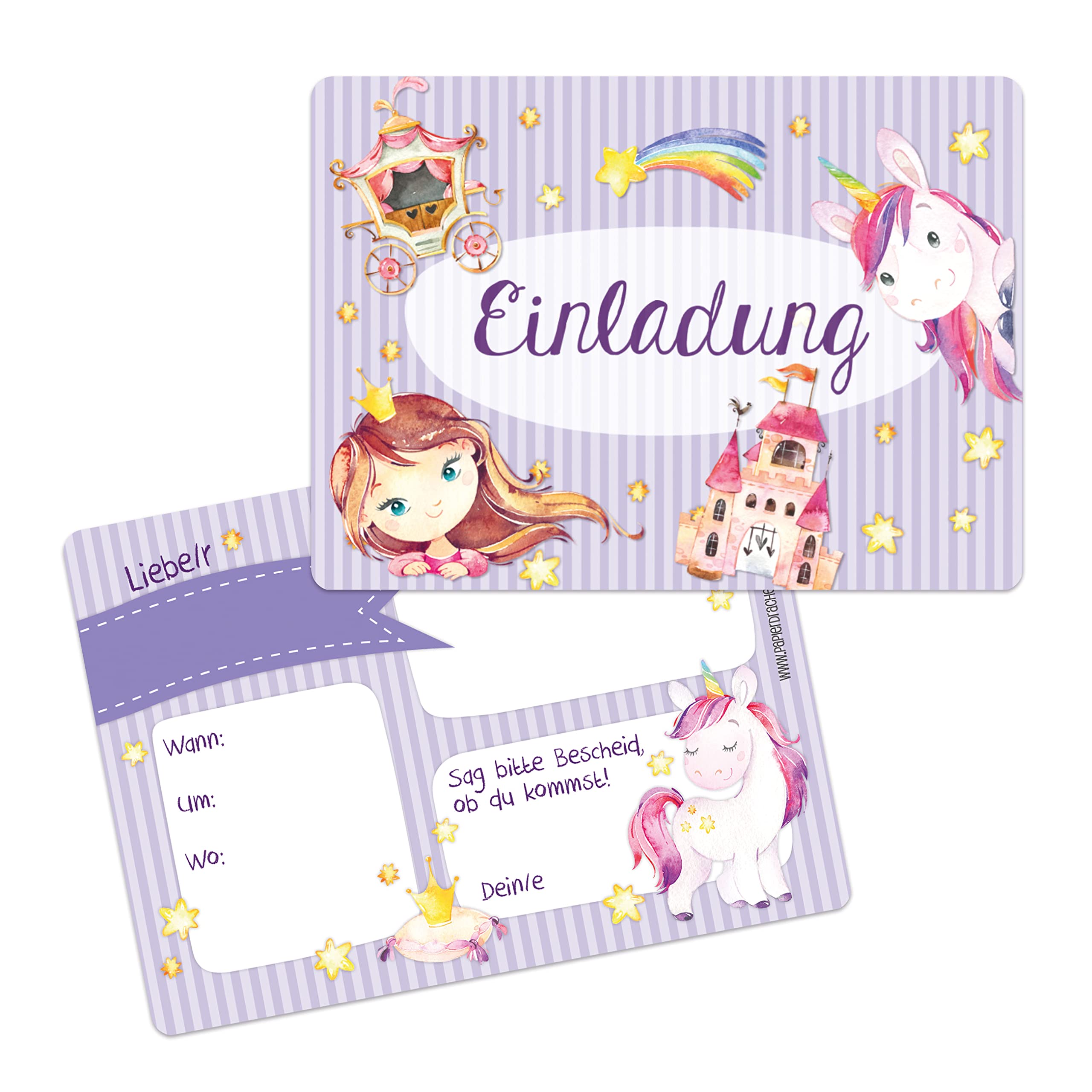 Papierdrachen 12 Einladungskarten zum Geburtstag für Kinder - Motiv Einhorn - Geburtstagseinladungen für deine Geburtstagsparty (DIN A6 mit abgerundeten Ecken)