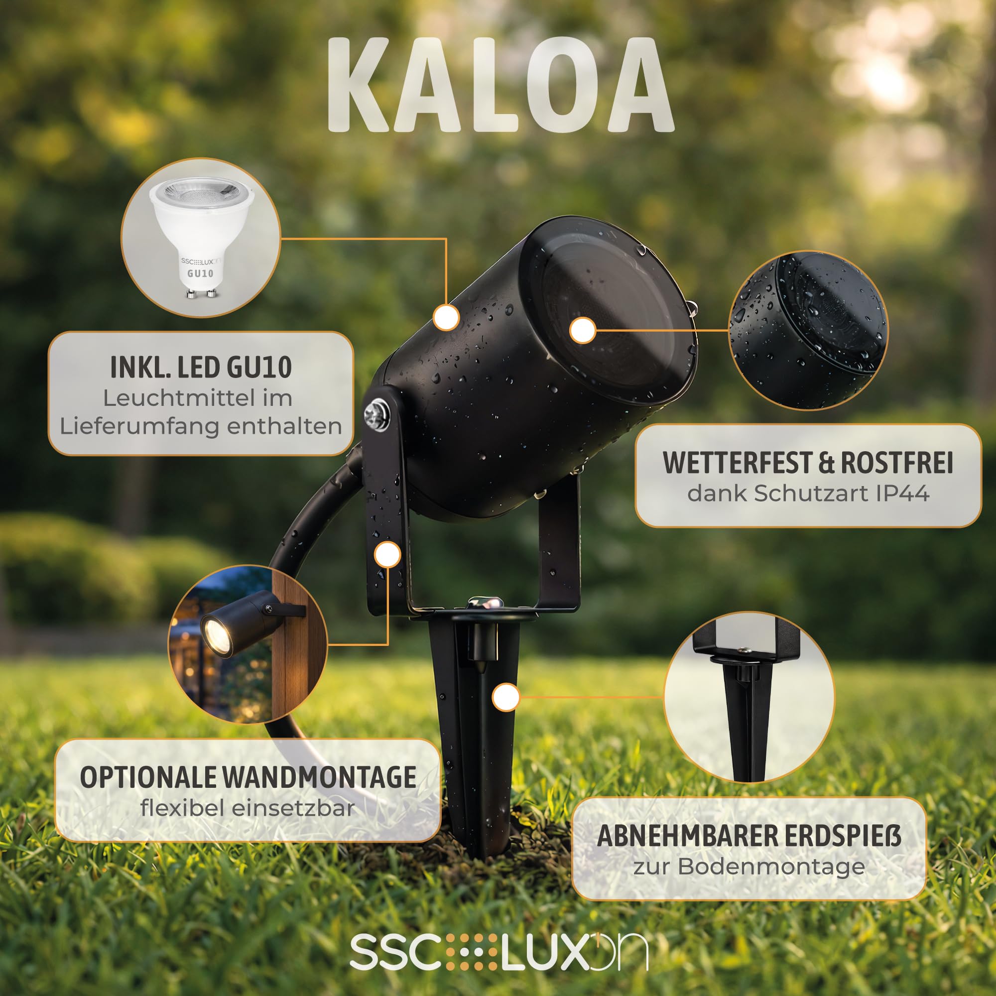 SSC-LUXon KALOA 4x Gartenstrahler mit Erdspieß IP44 - Pflanzenstrahler mit GU10 SMART Lampe 5W RGB WLAN 3CCT - Indirekte Baumbeleuchtung