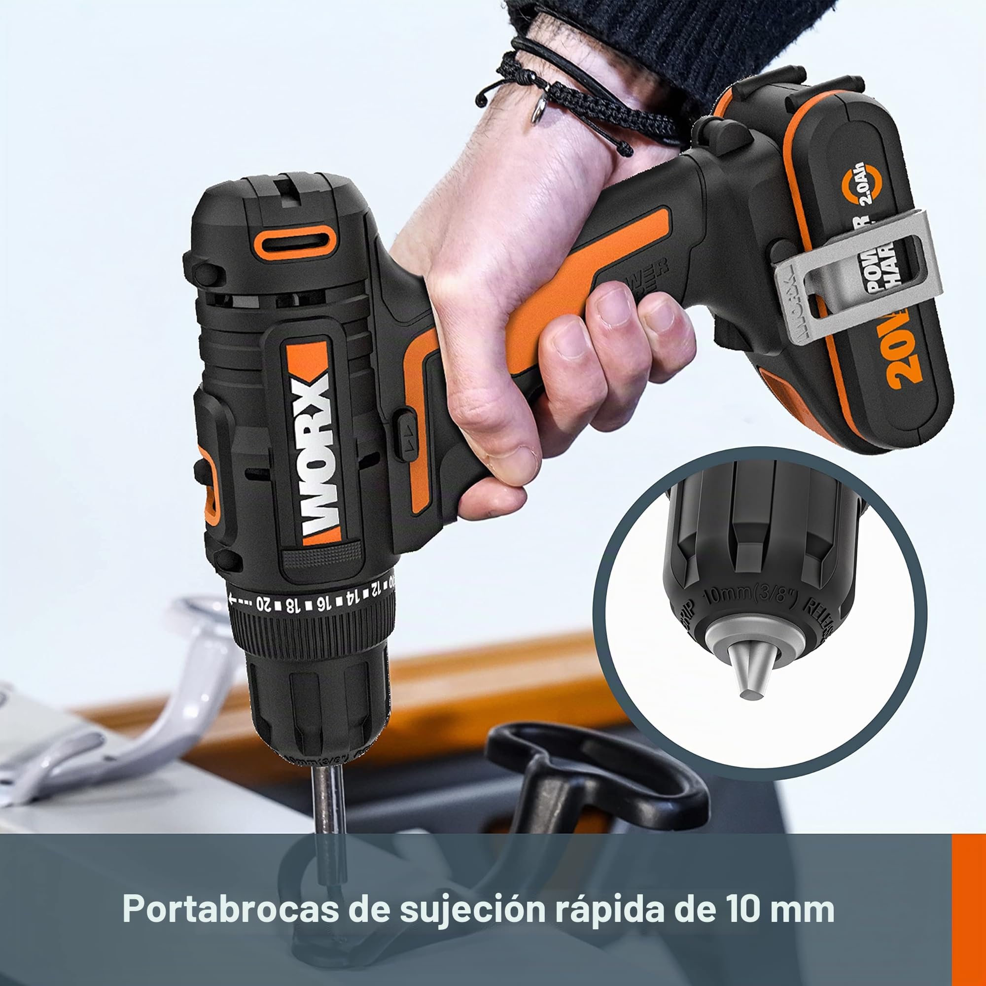 WORX - Taladro atornillador inalámbrico de 18 V (20 V máx.) WX100.3, PowerShare, par máximo 30 Nm, velocidad variable, luz LED, portabrocas sin llave de 10 mm, 2 baterías incluidas