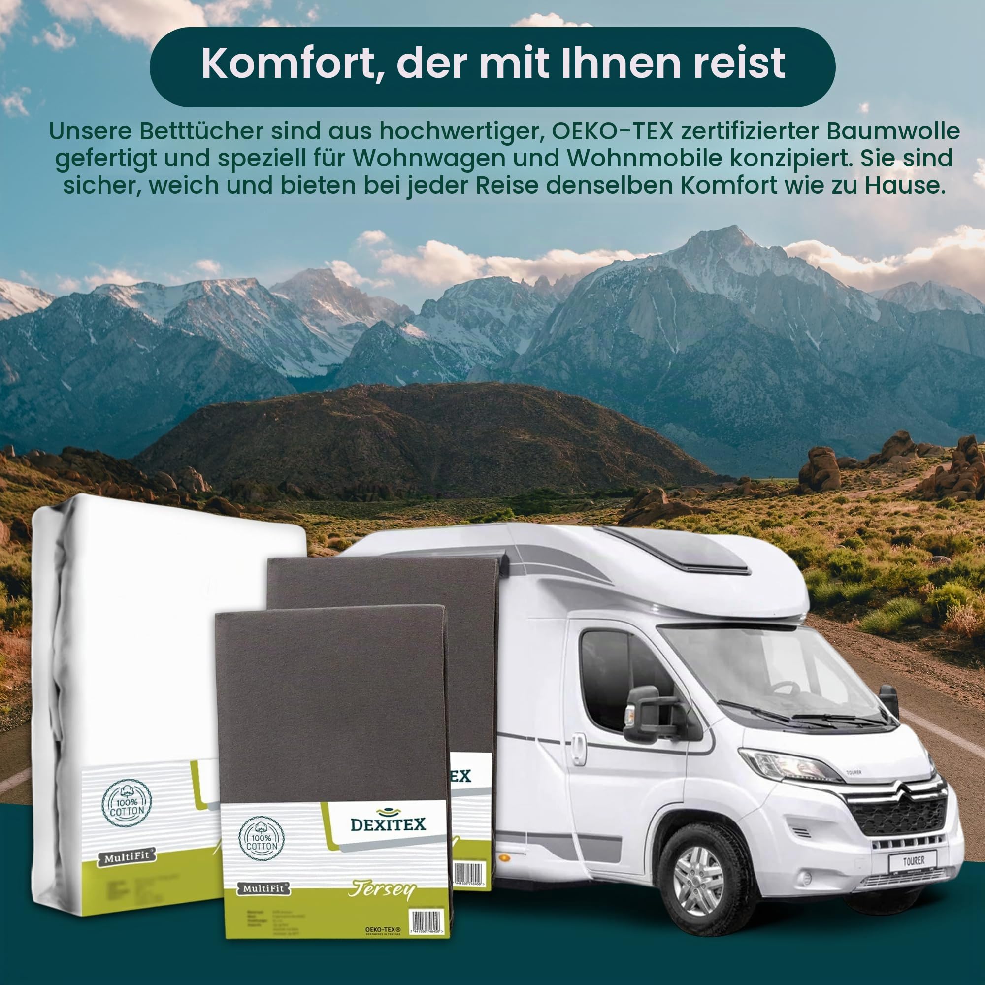 Bettlaken Wohnwagen Queensbett - 3er Set - 1 Molton, 2 Spannbettlaken - Anthrazit- Bettlaken aus hochwertiger Baumwolle -Oeko-TEX - Multi-Stretch-Spannbettlaken für Wohnmobil und Wohnwagen